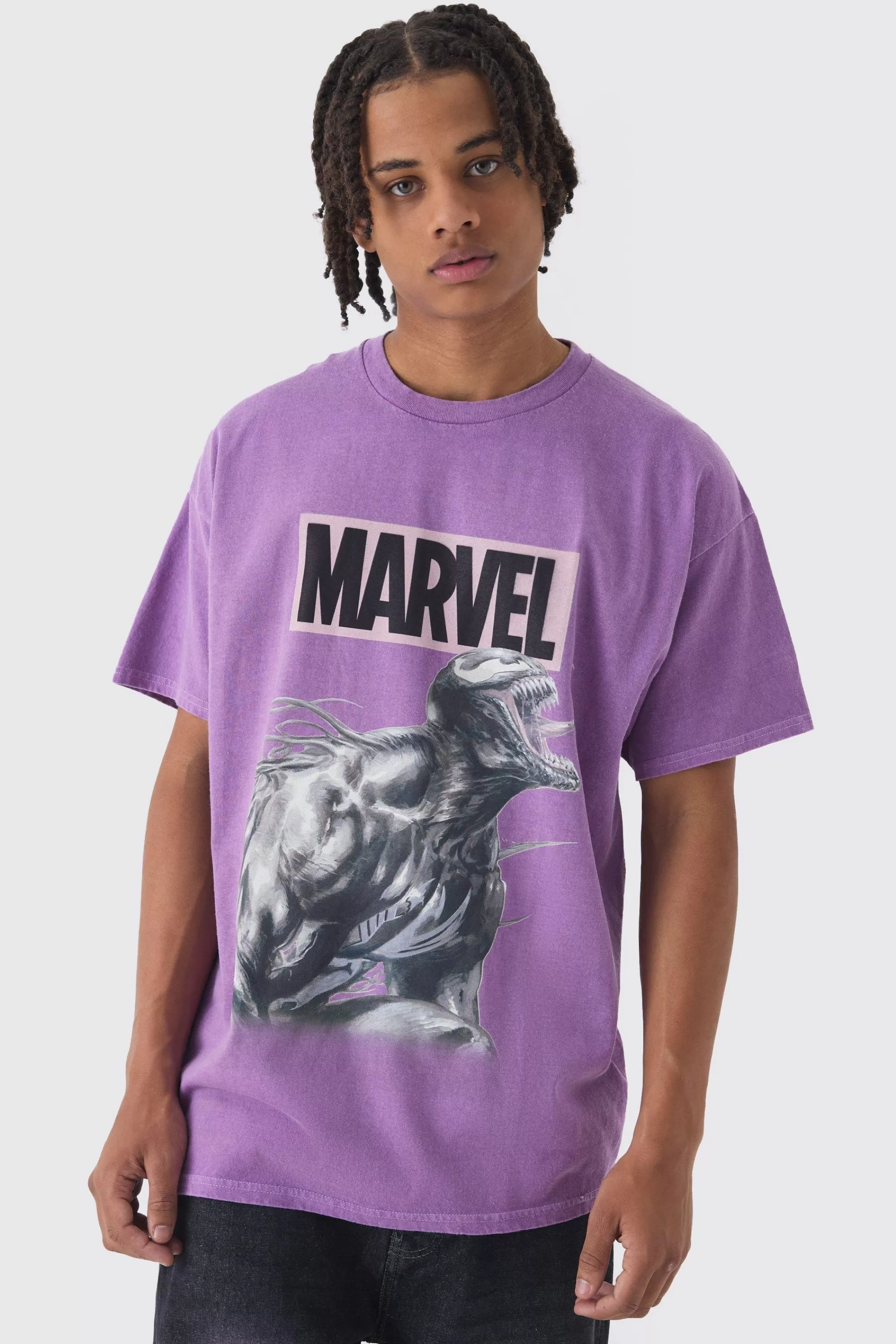 boohooMAN Oversized Marvel Venom Wash License Print T-Shirt | UK purple Clearance