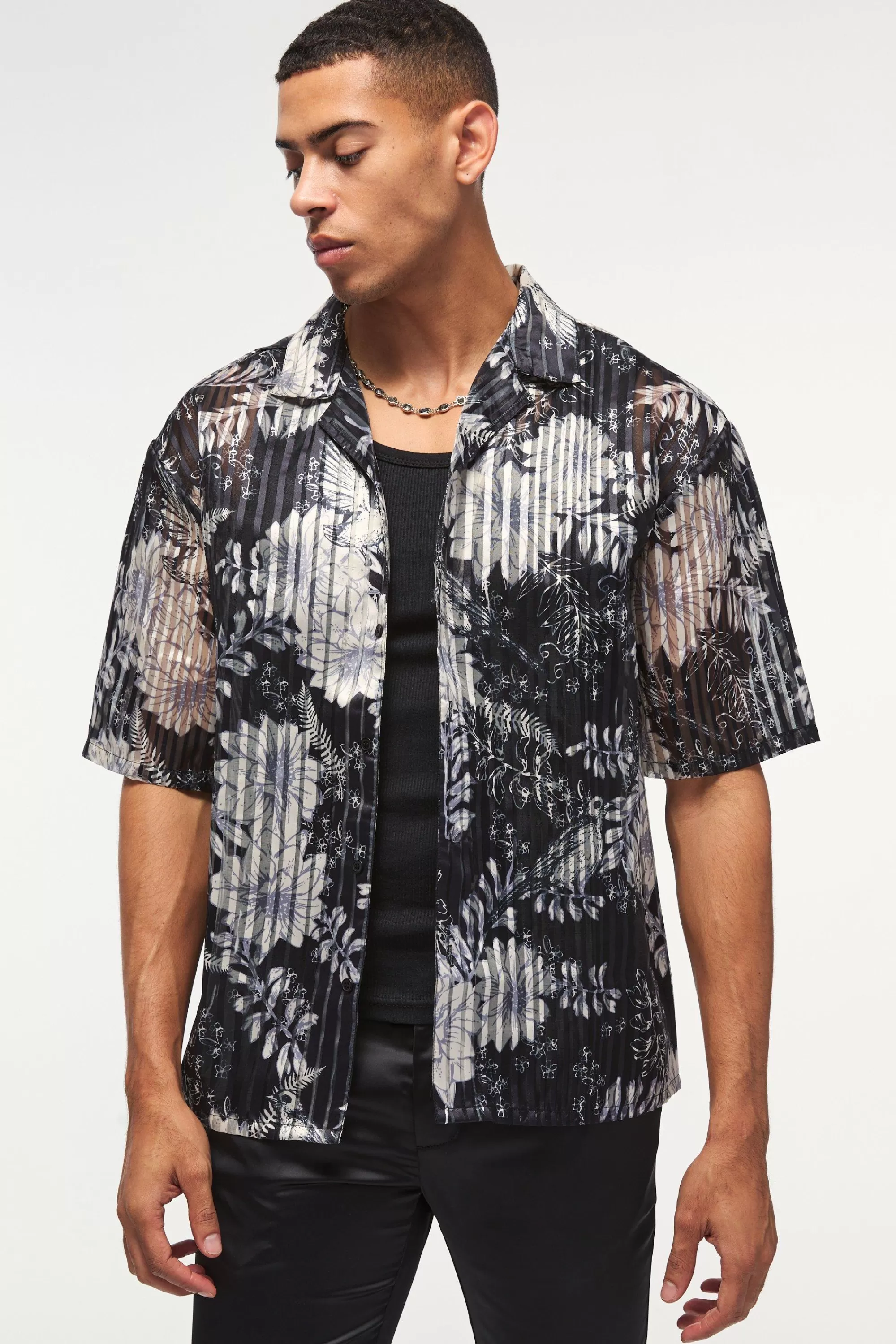 boohooMAN Oversized Mesh Pleated Printed Revere Shirt | UK black Best Sale