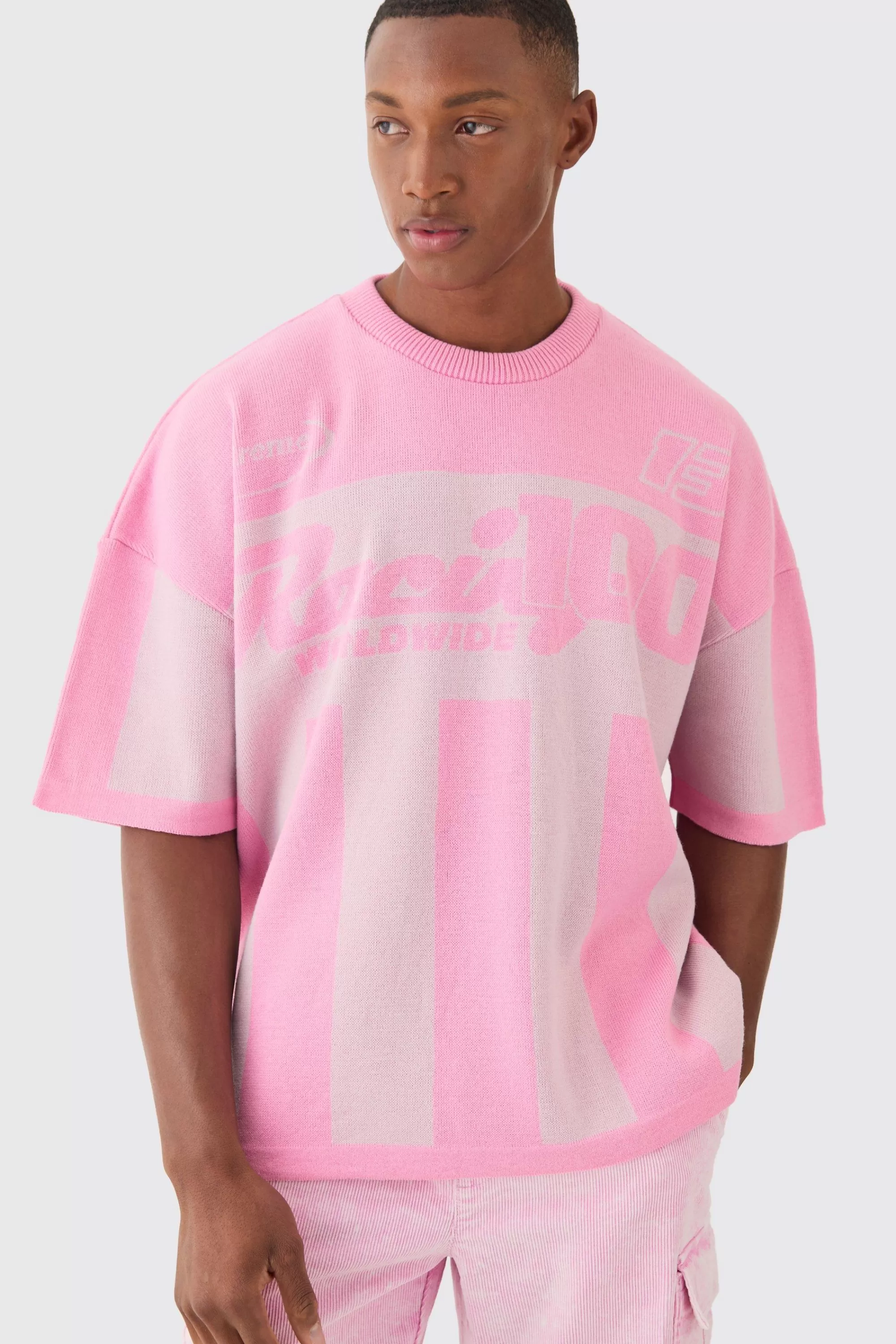 boohooMAN Oversized Moto Stripe Knitted T-shirt | UK pink Clearance
