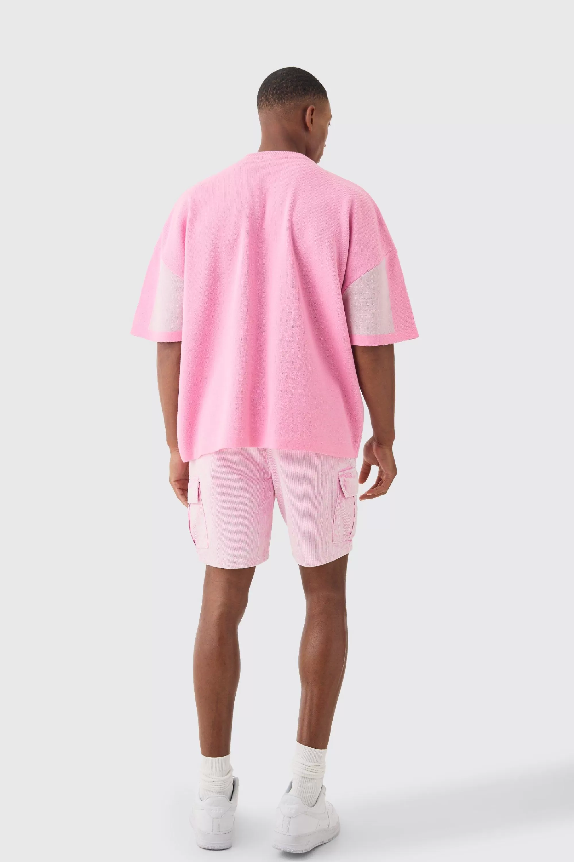 boohooMAN Oversized Moto Stripe Knitted T-shirt | UK pink Clearance