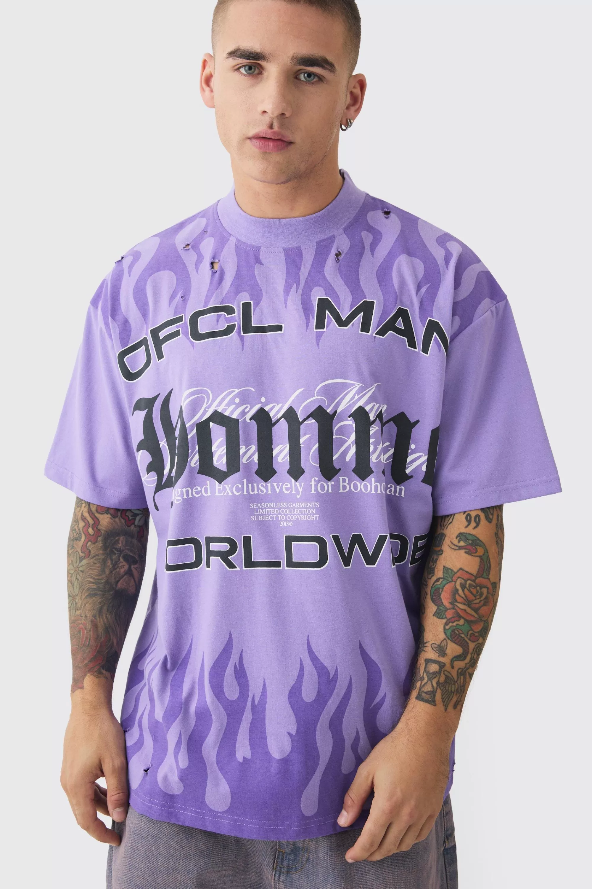 boohooMAN Oversized OFCL Man Homme Distressed Heavyweight T-shirt | UK purple Best Sale