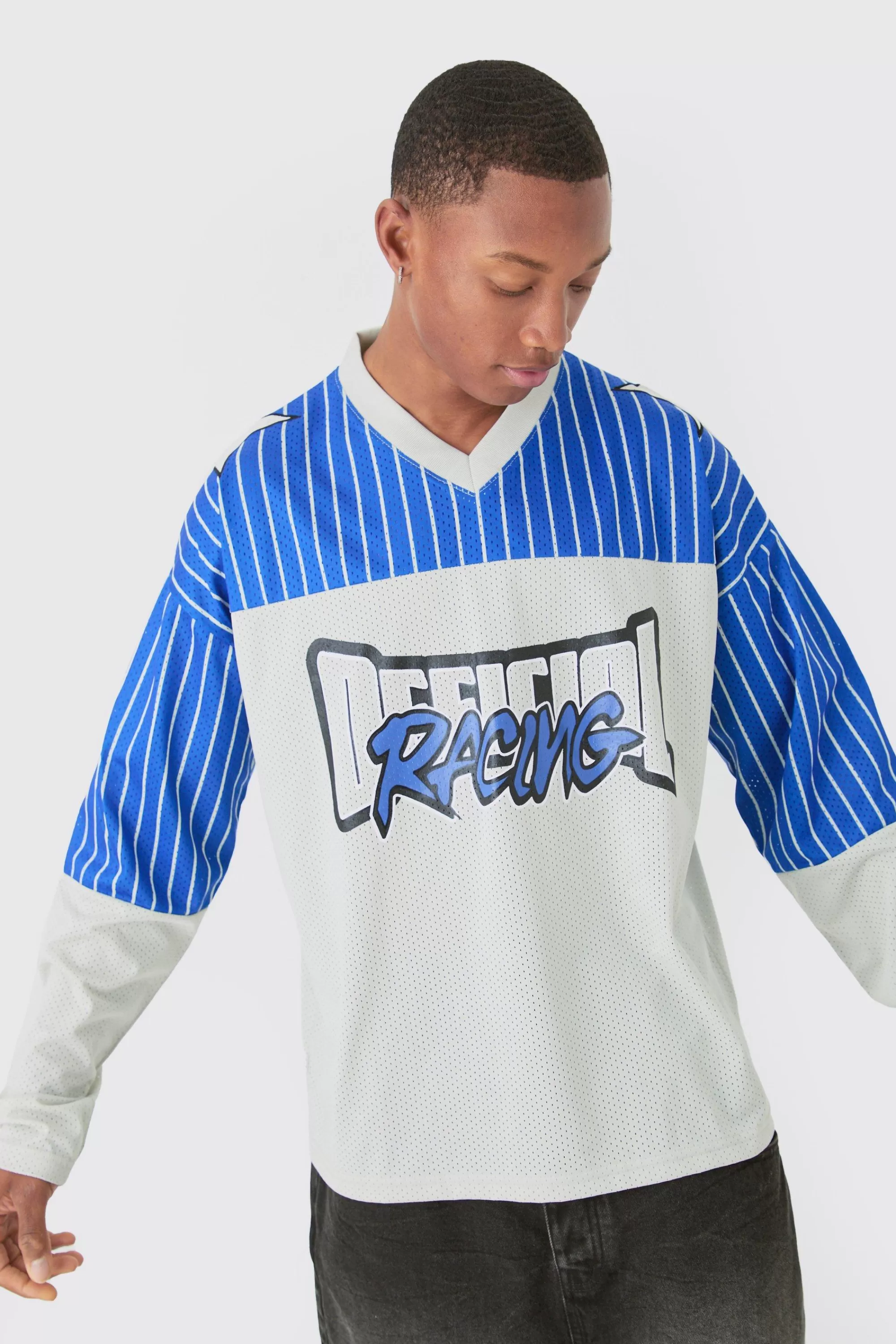 boohooMAN Oversized Official Racing Stripe Long Sleeve Varsity Mesh Top | UK cobalt Online