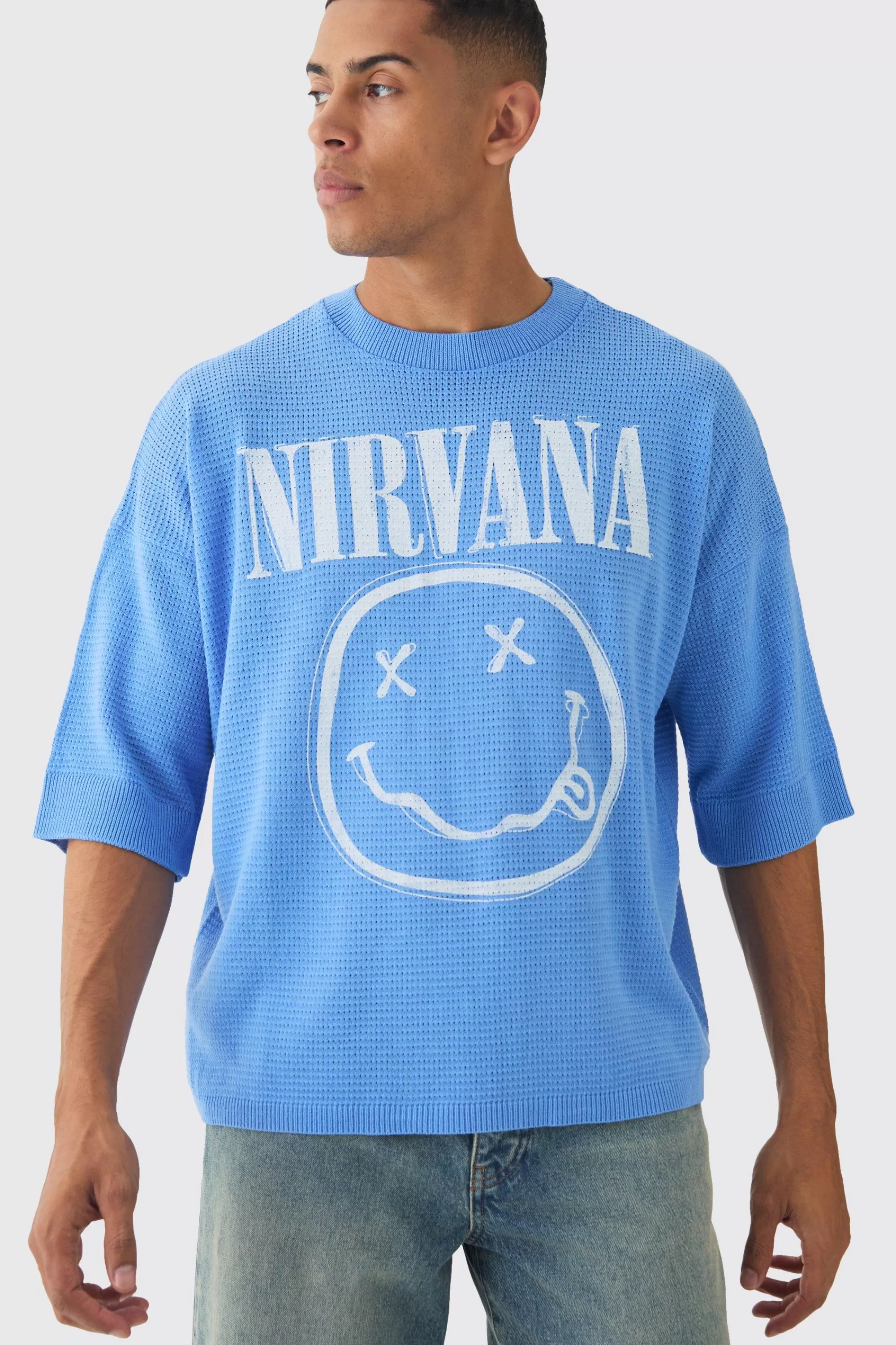 boohooMAN Oversized Open Stitch Nirvana License Printed Knitted T-shirt | UK light blue Store