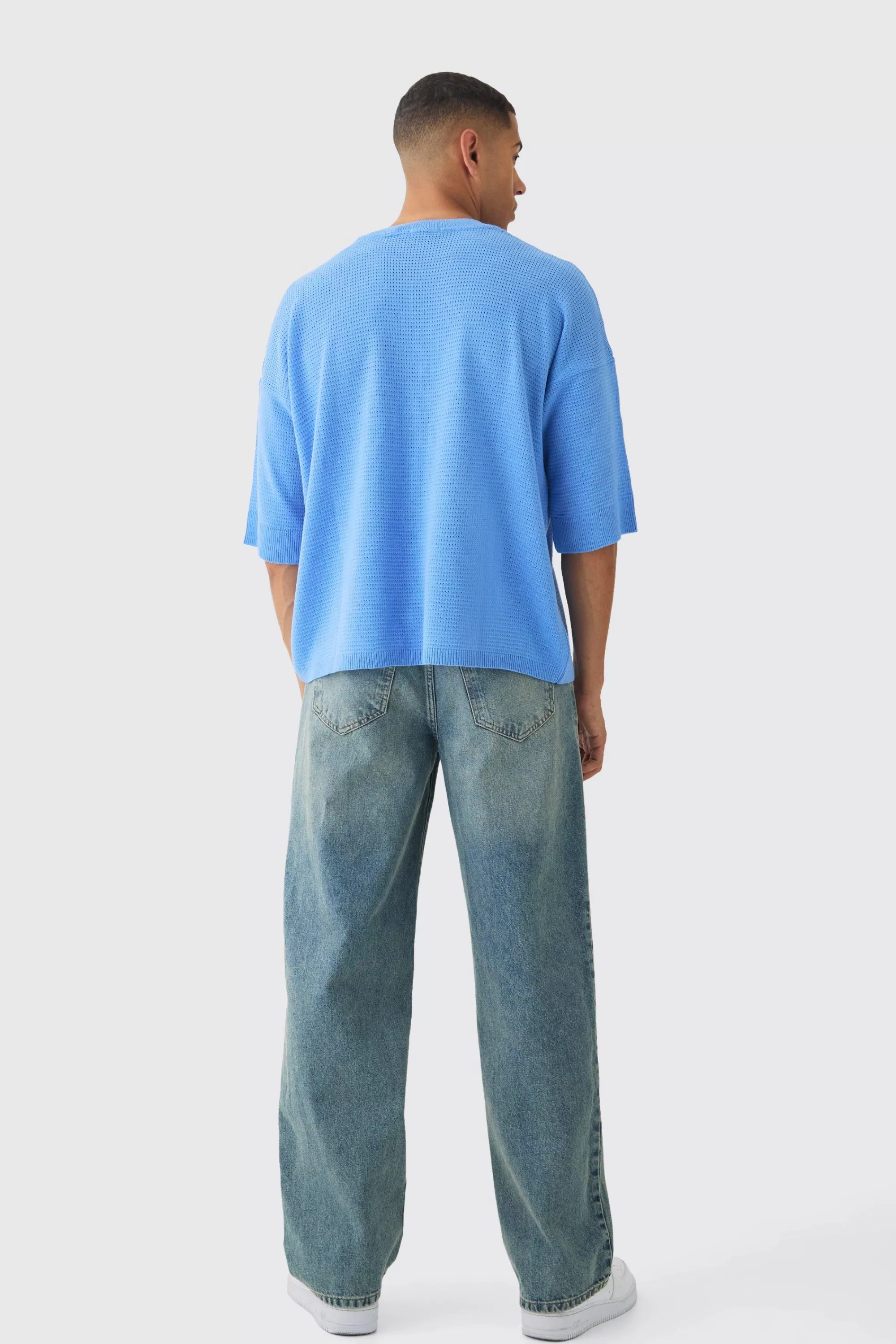 boohooMAN Oversized Open Stitch Nirvana License Printed Knitted T-shirt | UK light blue Store
