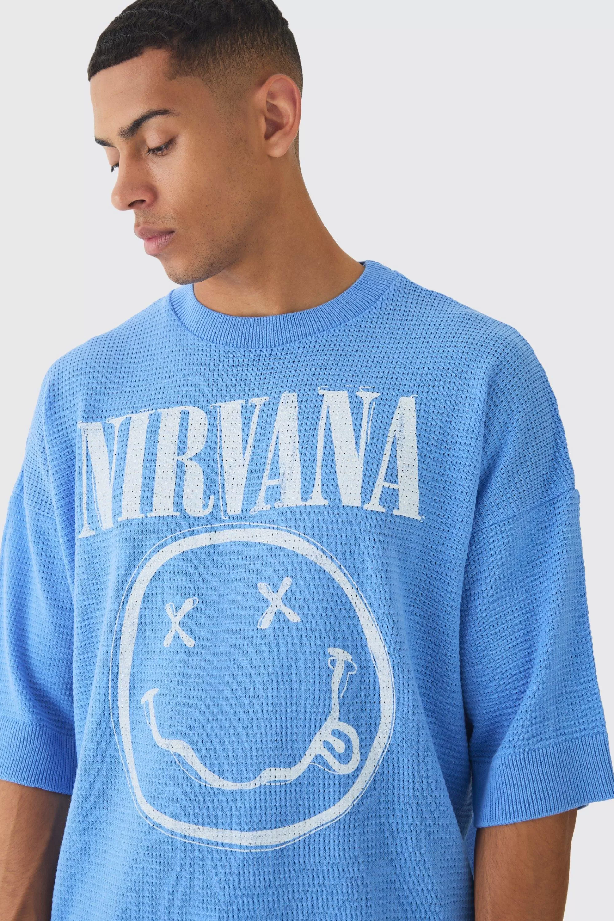 boohooMAN Oversized Open Stitch Nirvana License Printed Knitted T-shirt | UK light blue Store