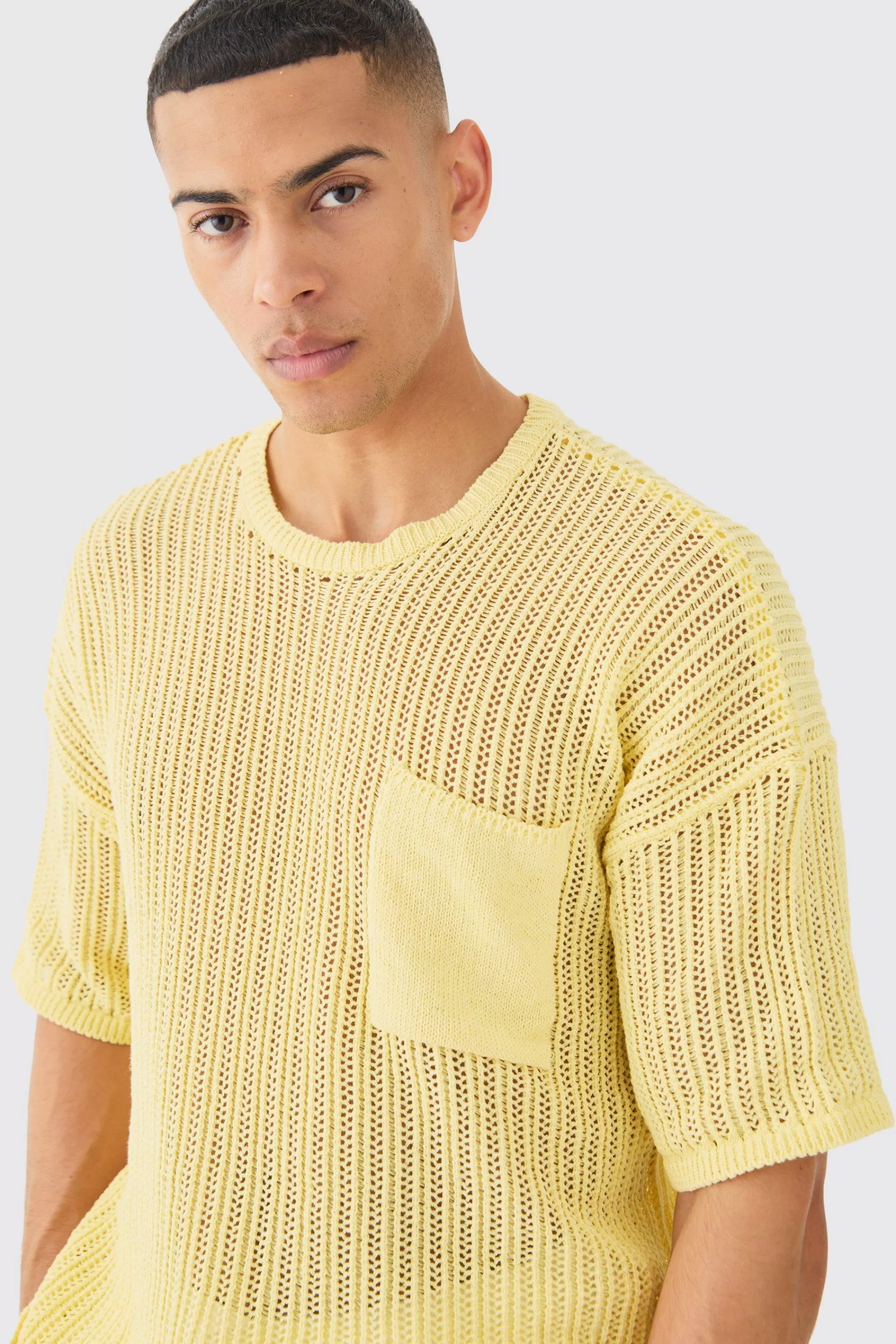 boohooMAN Oversized Open Stitch Pocket T-shirt In | UK yellow Shop