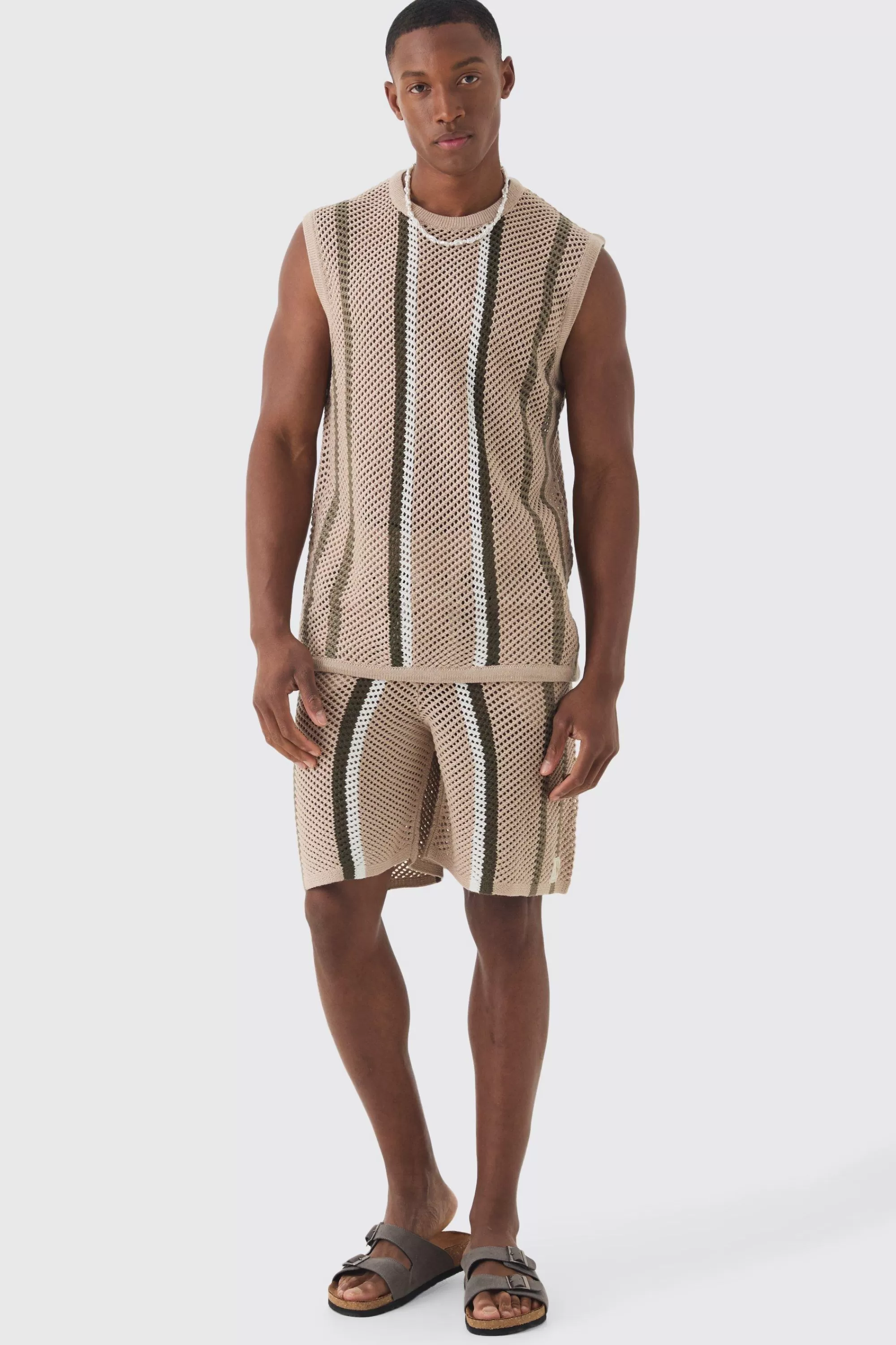 boohooMAN Oversized Open Stitch Stripe Knitted Tank Set | UK taupe Store