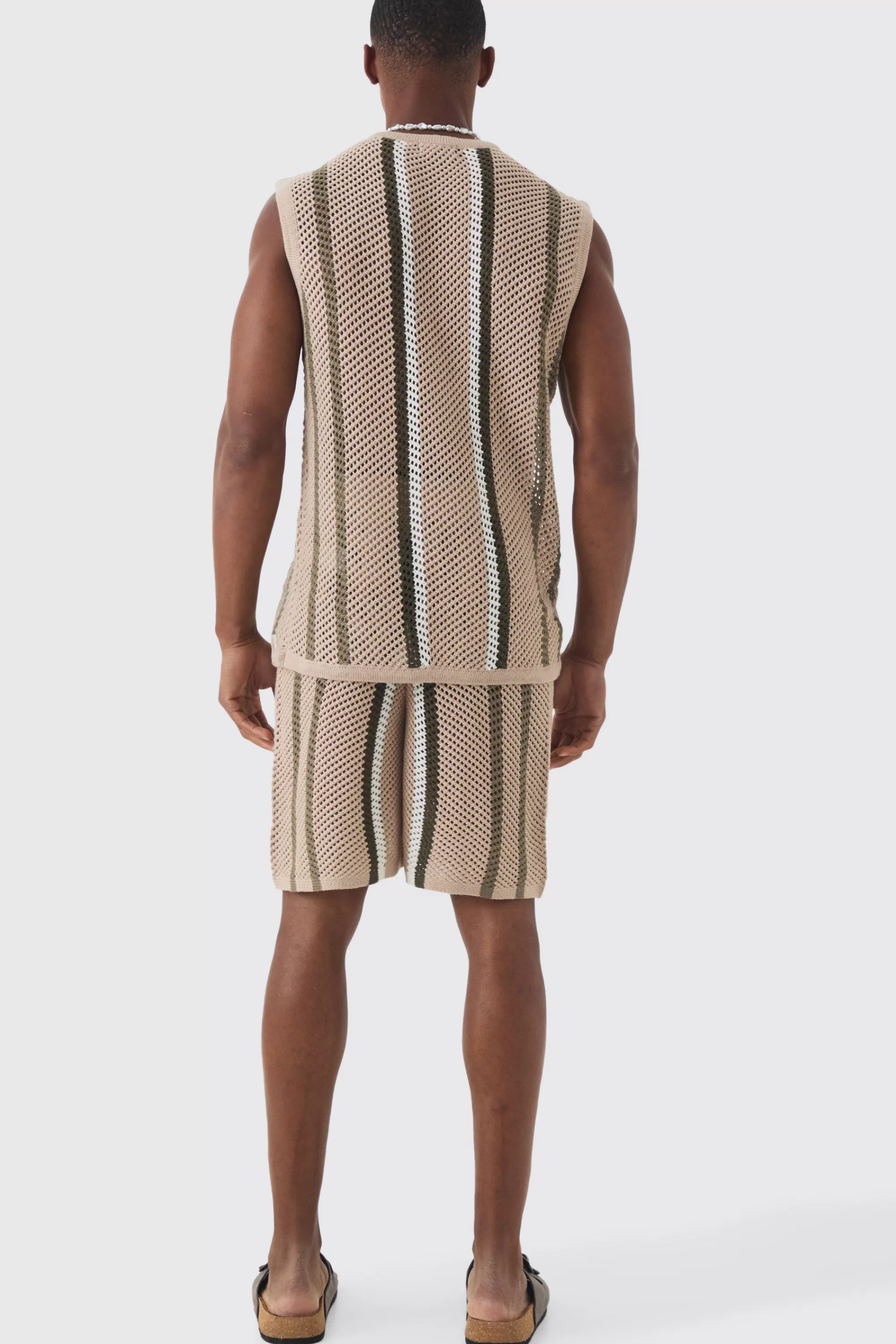 boohooMAN Oversized Open Stitch Stripe Knitted Tank Set | UK taupe Store