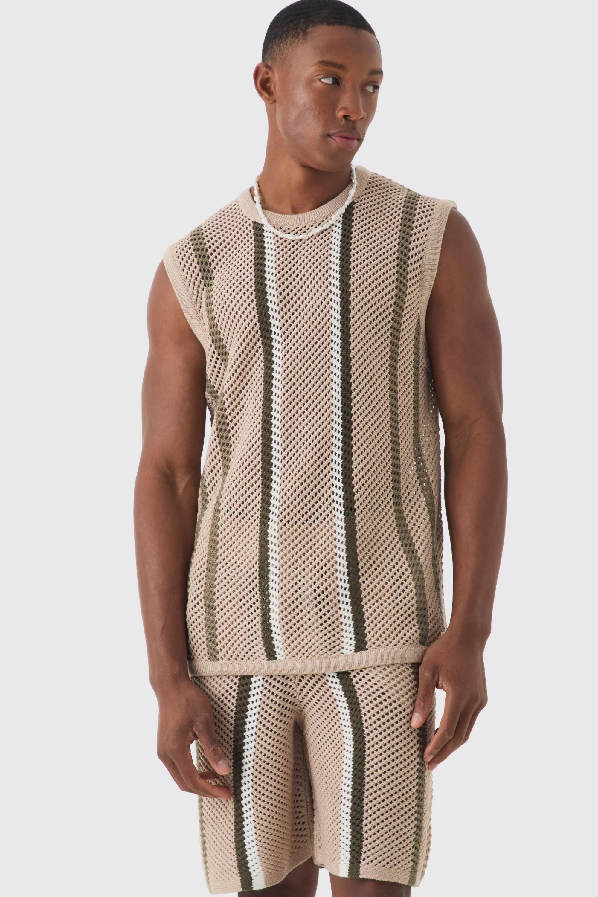 boohooMAN Oversized Open Stitch Stripe Knitted Tank Set | UK taupe Store