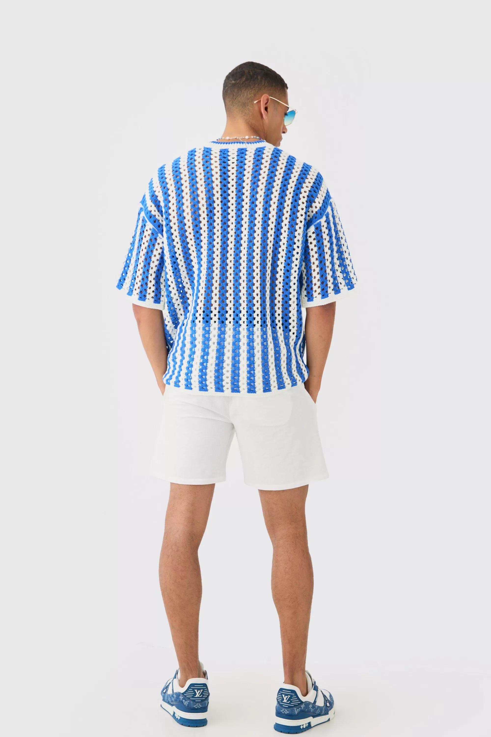 boohooMAN Oversized Open Stitch Stripe Knitted T-shirt | UK cobalt Sale