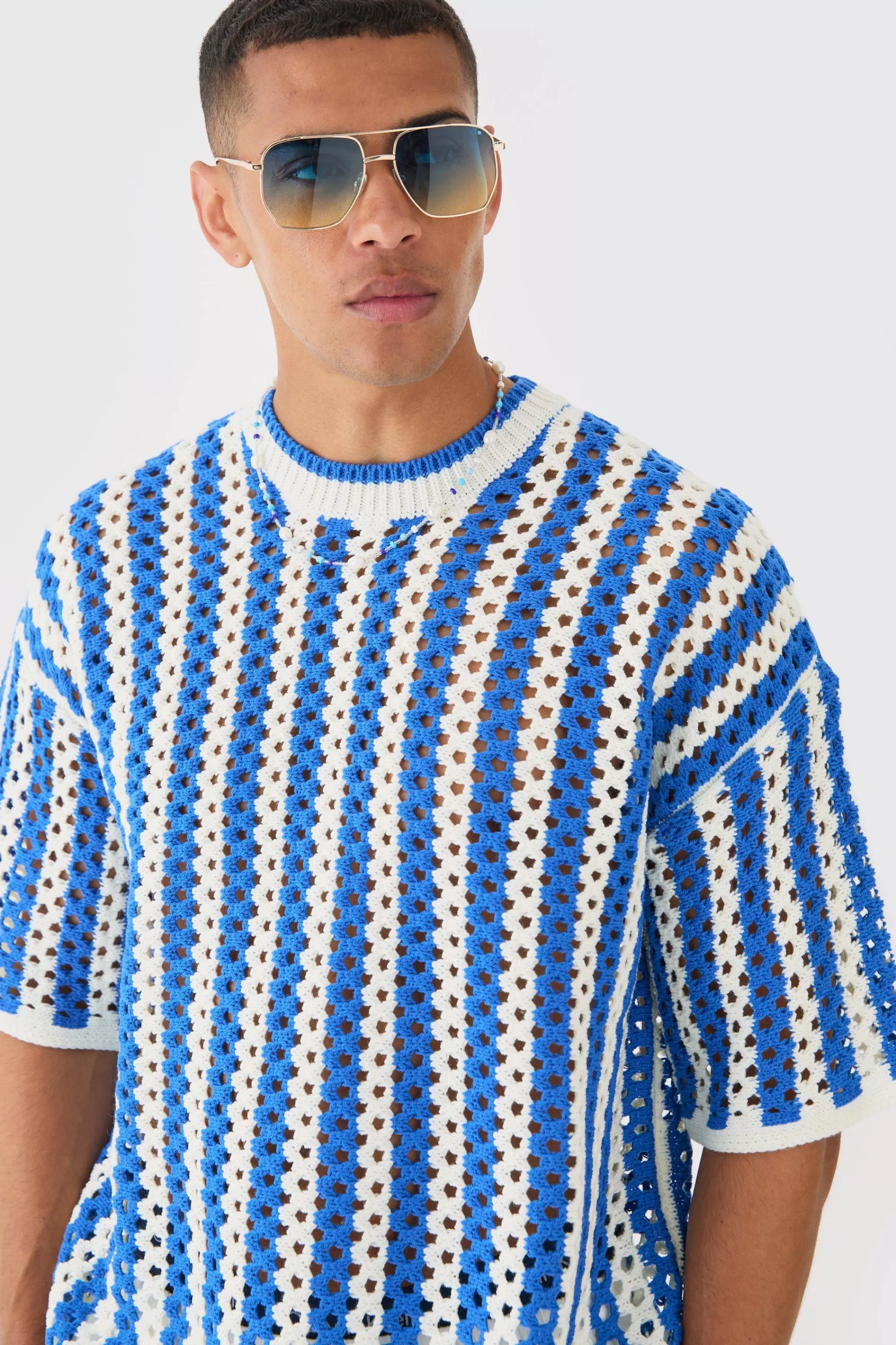 boohooMAN Oversized Open Stitch Stripe Knitted T-shirt | UK cobalt Sale