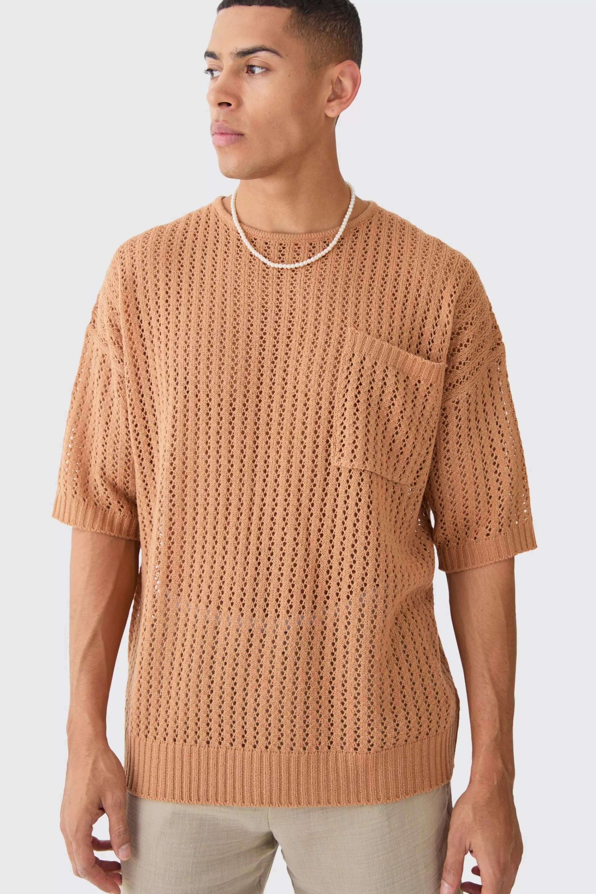 boohooMAN Oversized Open Stitch Tshirt With Pocket In | UK taupe Best Sale