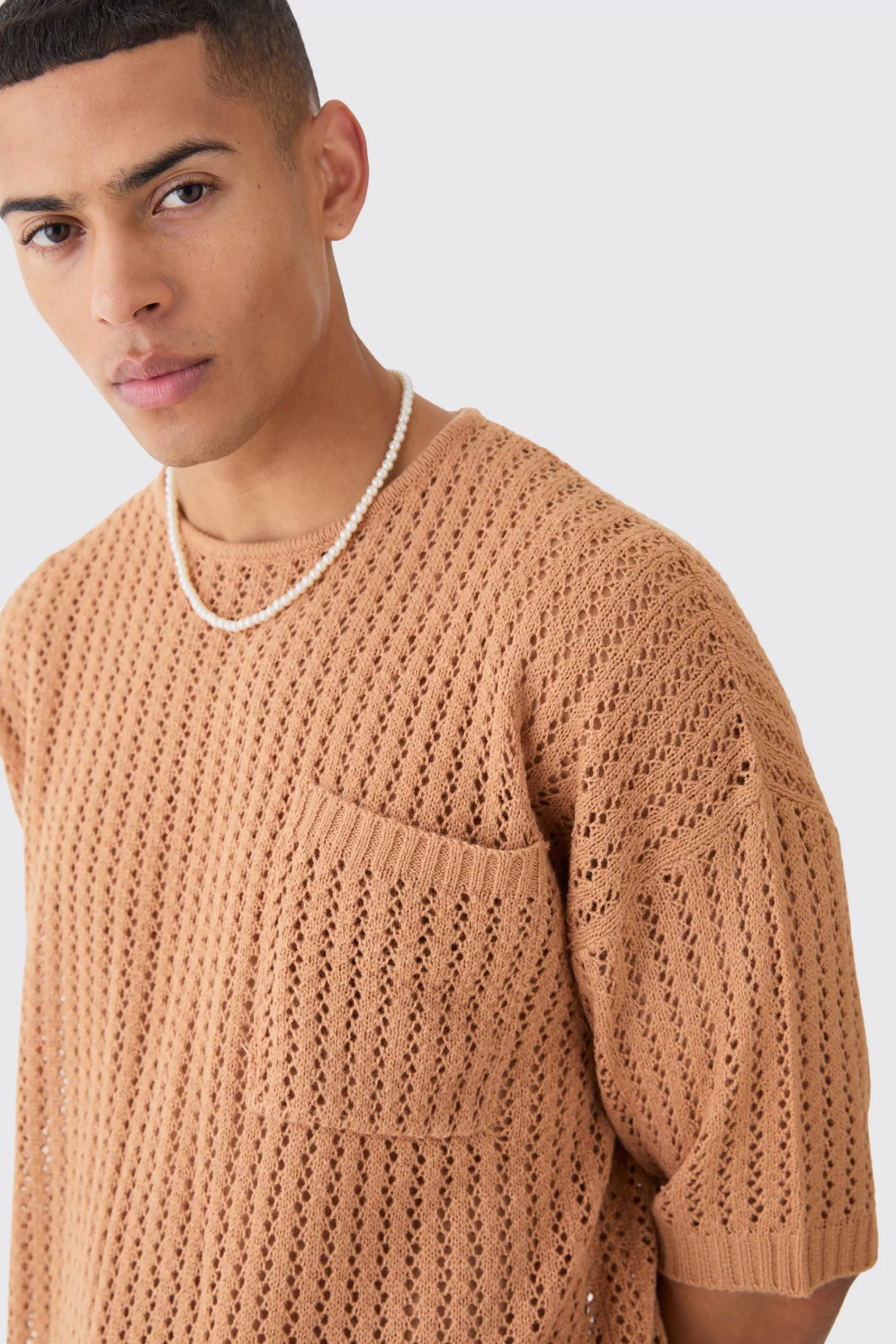 boohooMAN Oversized Open Stitch Tshirt With Pocket In | UK taupe Best Sale