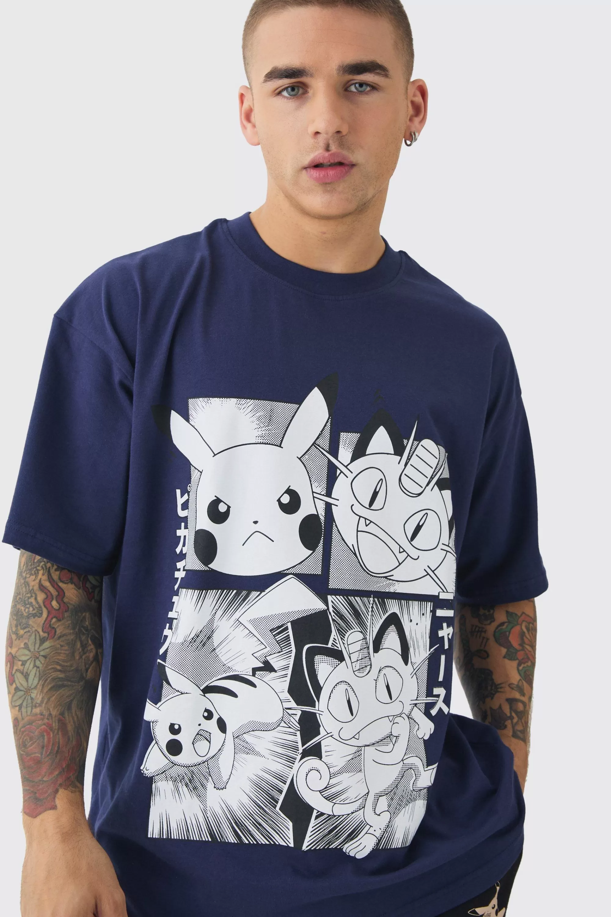 boohooMAN Oversized Pokemon Extended Neck License T-shirt | UK navy Hot