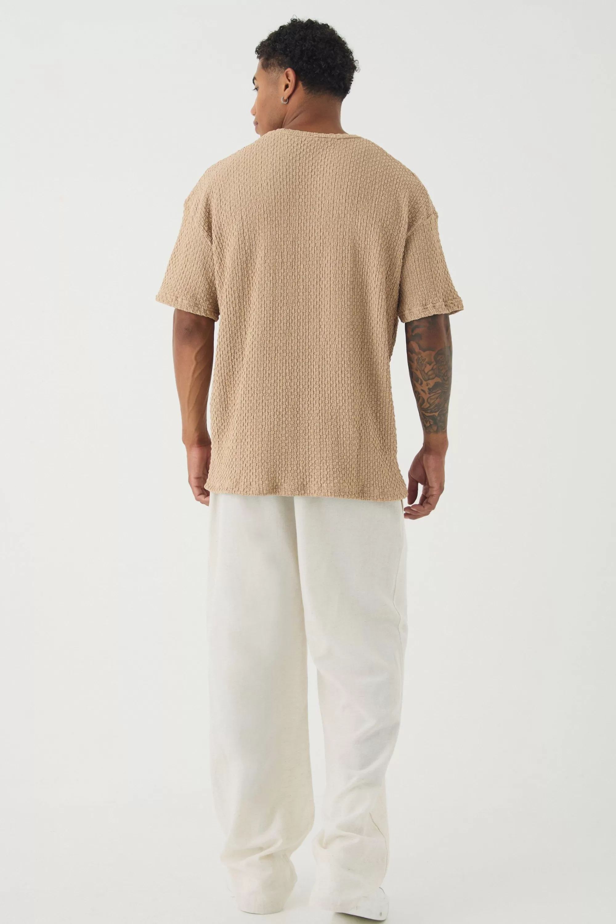 boohooMAN Oversized Premium Jacquard V Neck T-shirt | UK taupe Outlet