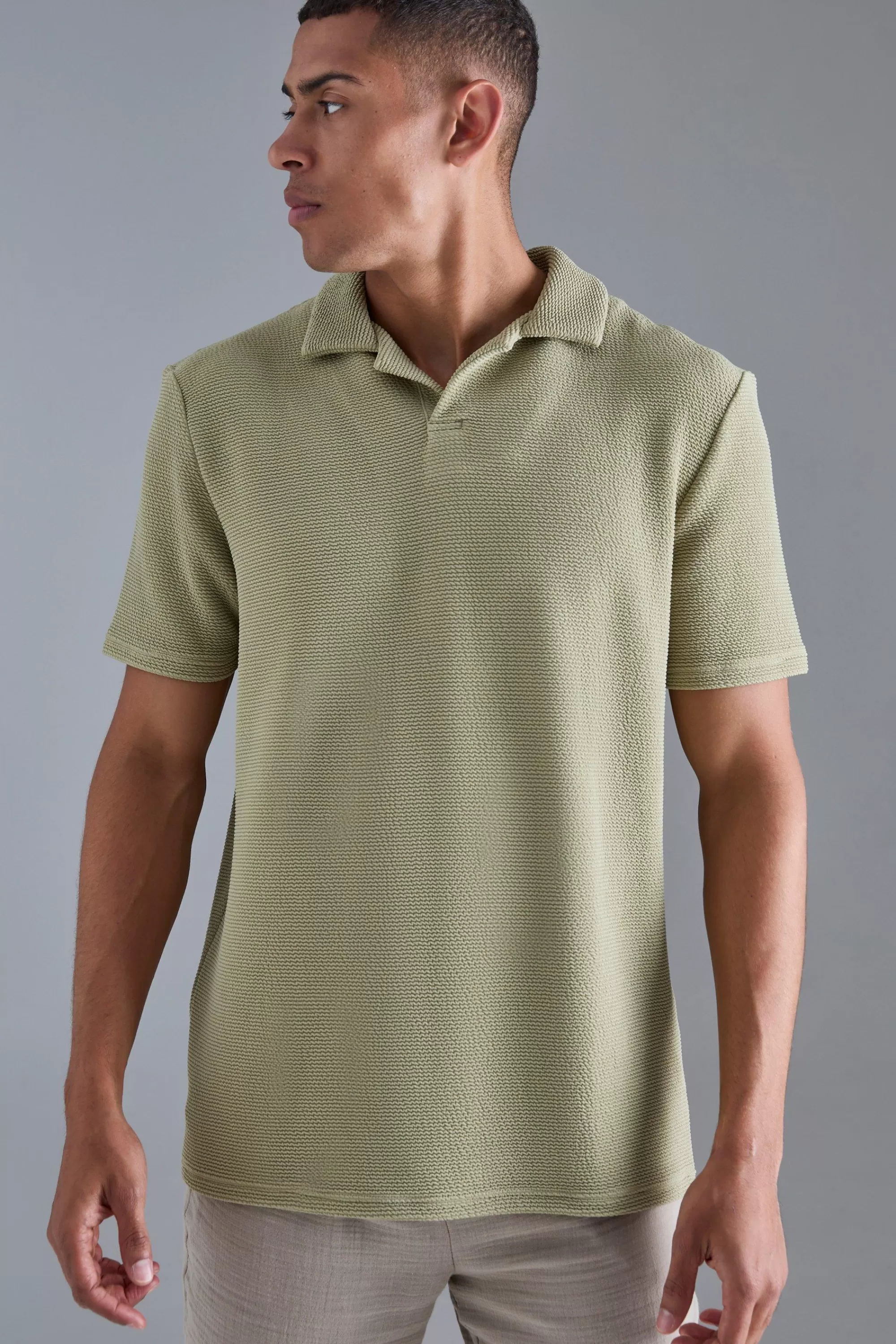 boohooMAN Oversized Revere Textured Polo | UK olive Best