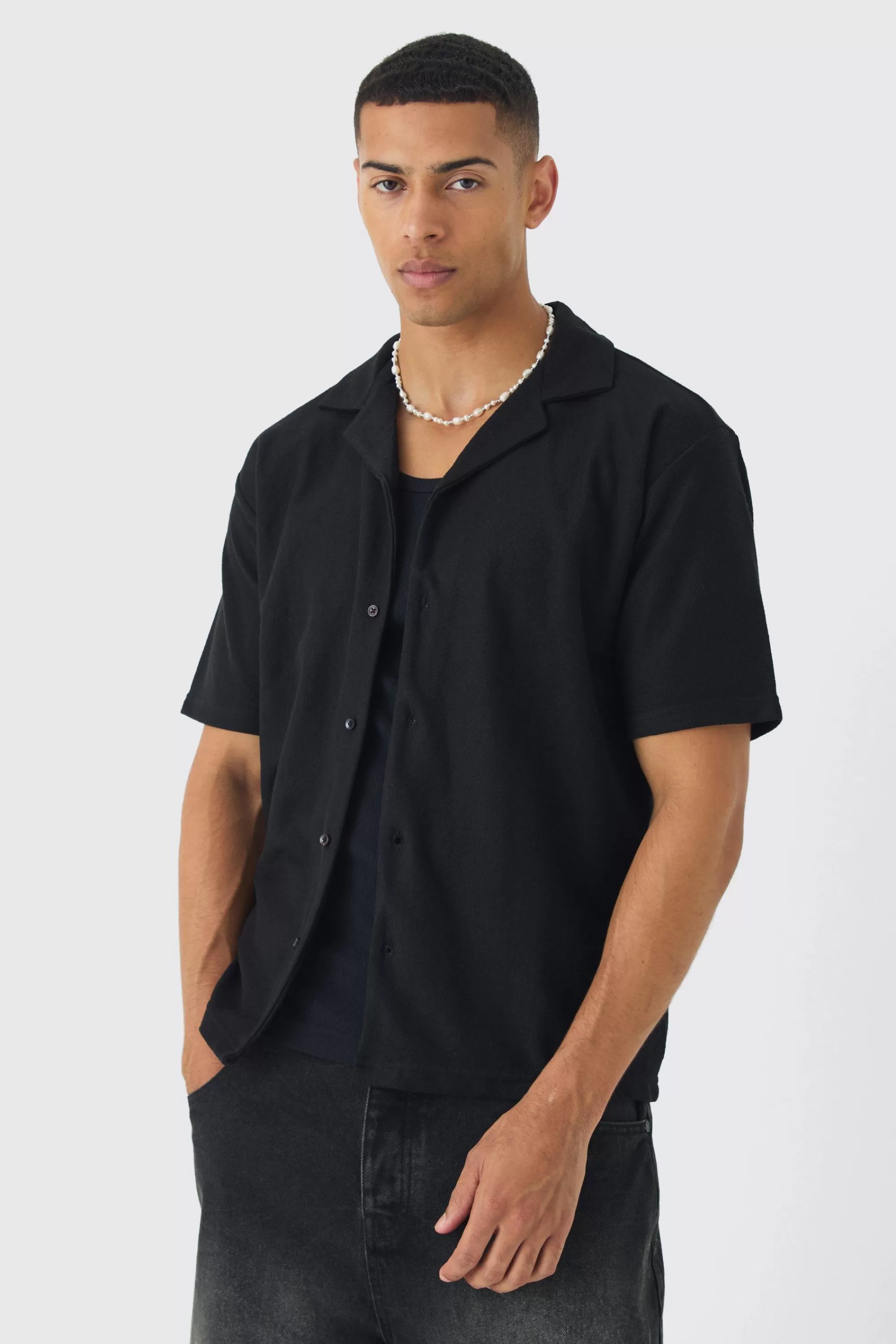 boohooMAN Oversized Revere Textured Slub Jersey Shirt | UK black New