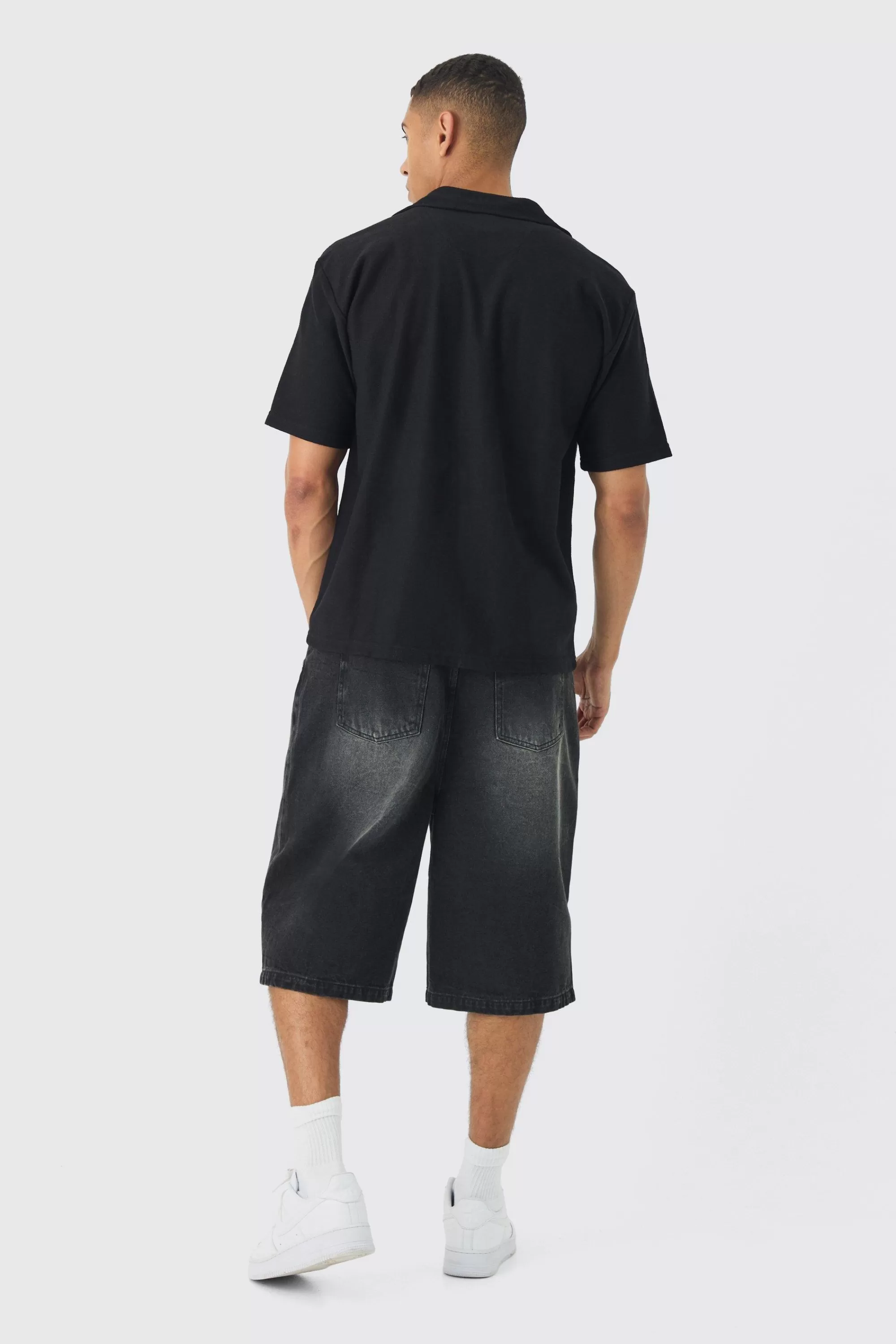 boohooMAN Oversized Revere Textured Slub Jersey Shirt | UK black New