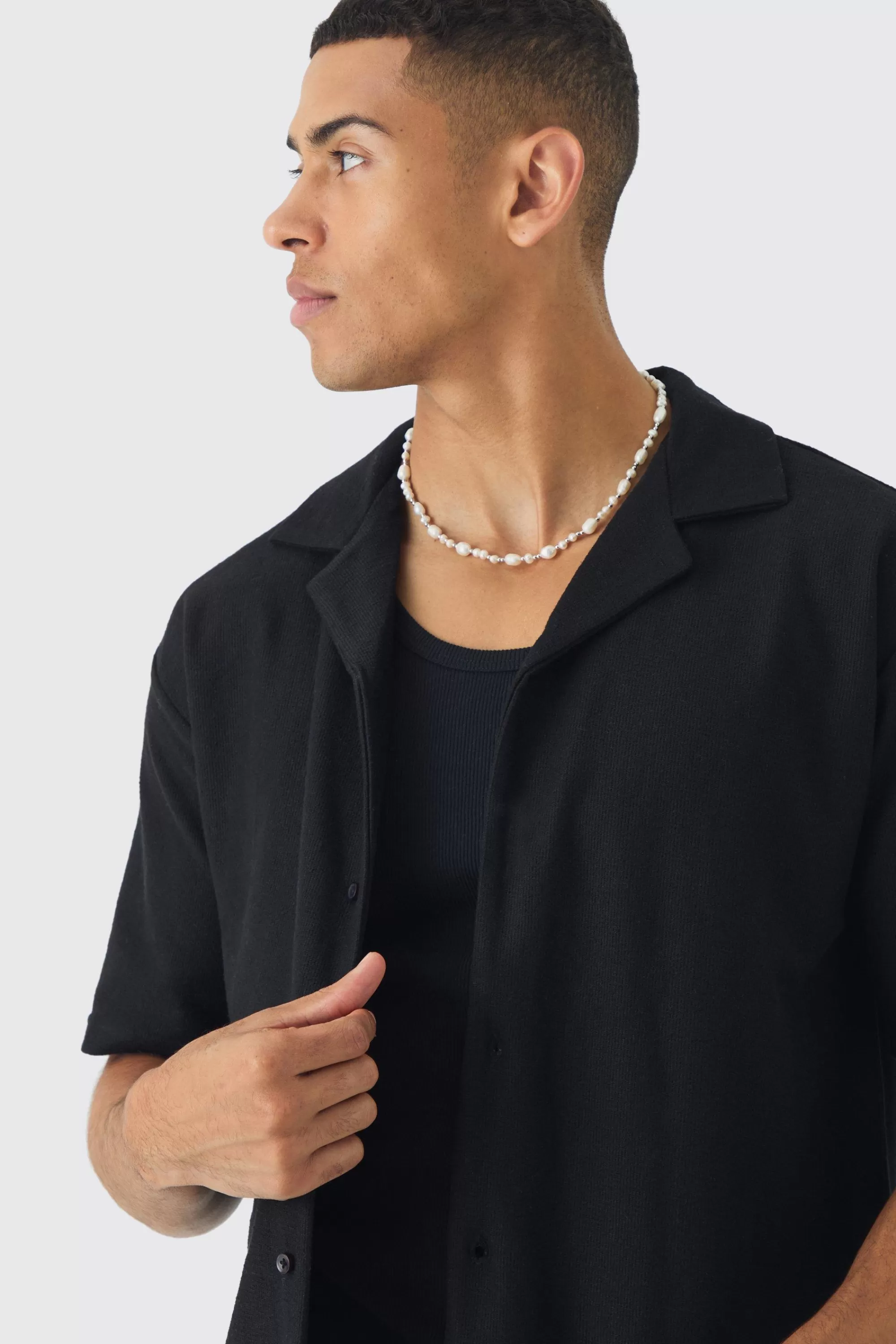 boohooMAN Oversized Revere Textured Slub Jersey Shirt | UK black New