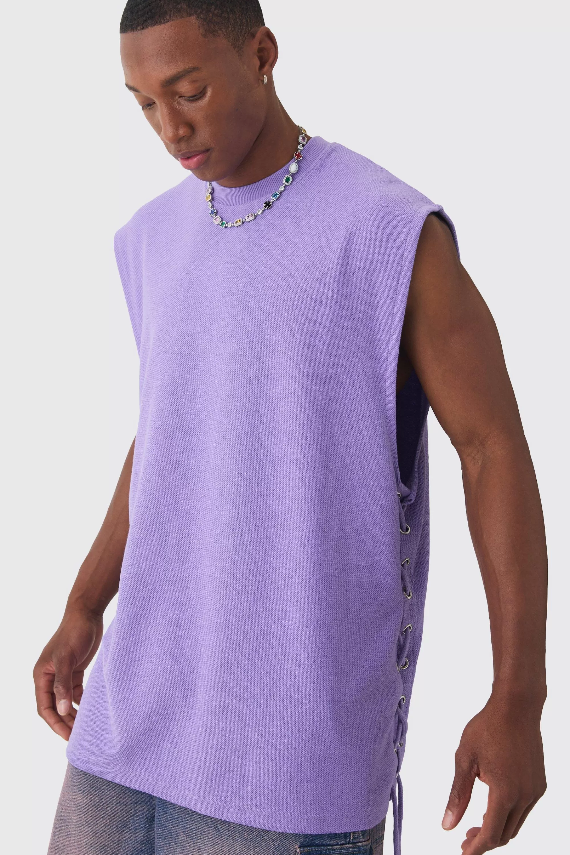 boohooMAN Oversized Reverse Loopback Lace Up Tank | UK lilac Fashion