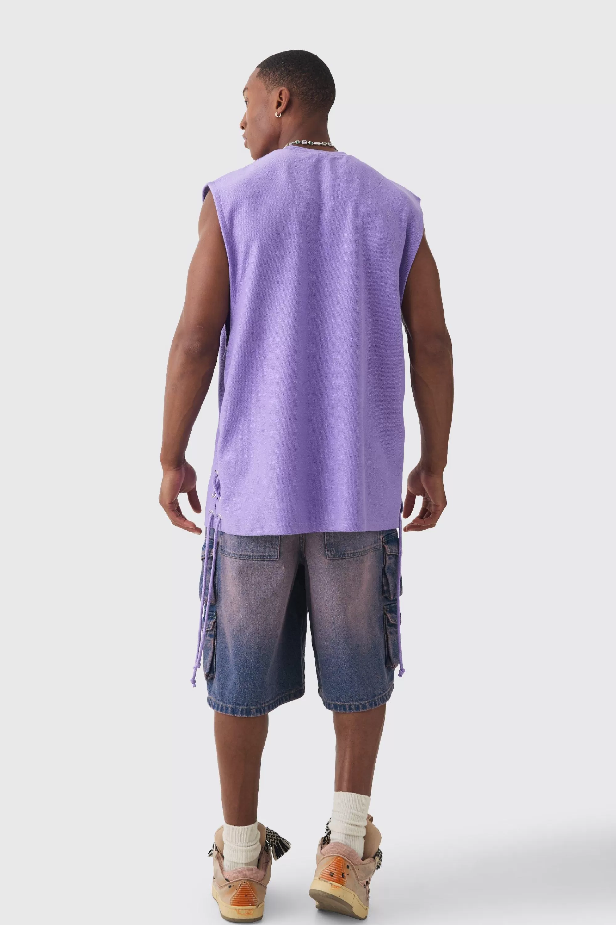 boohooMAN Oversized Reverse Loopback Lace Up Tank | UK lilac Fashion