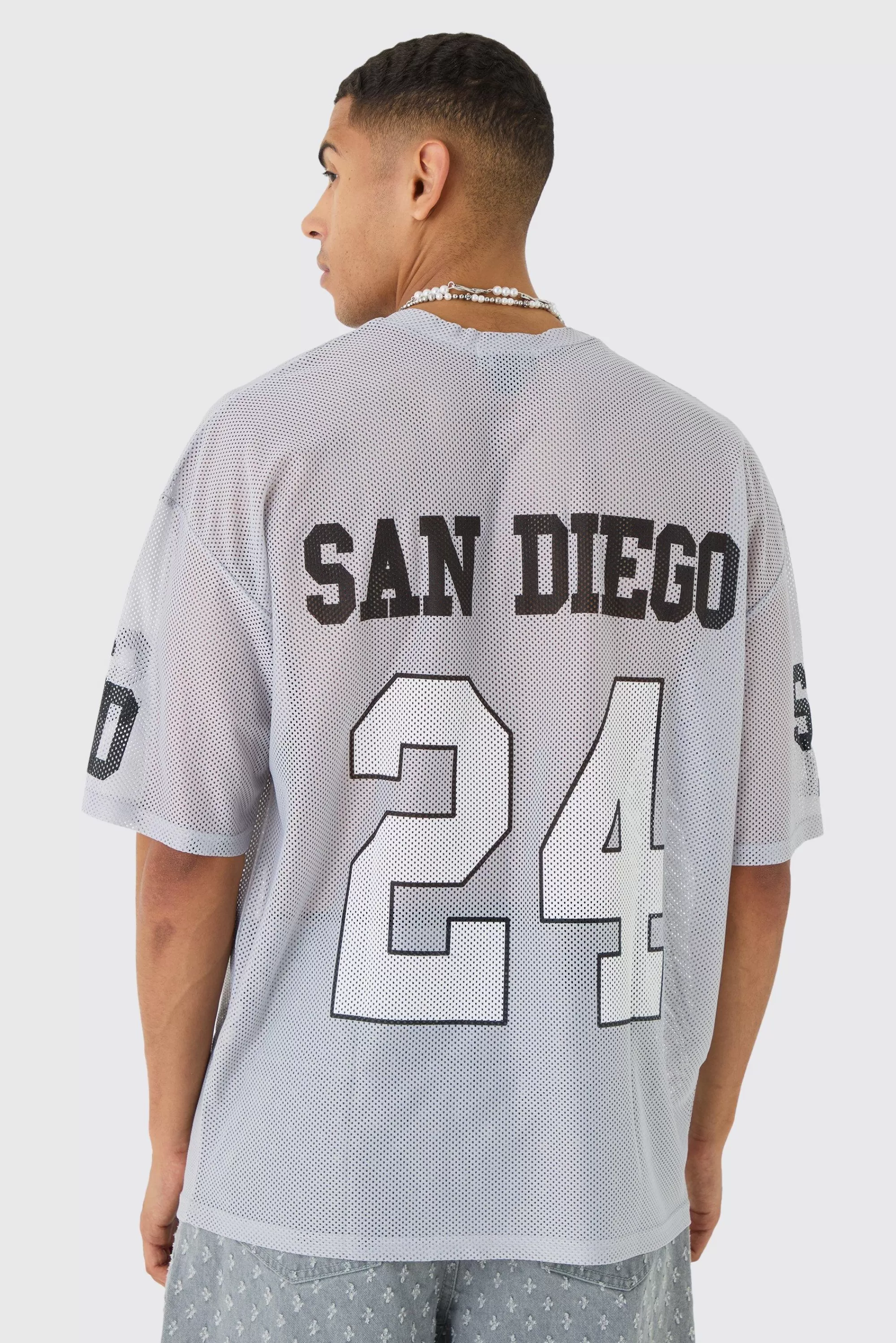 boohooMAN Oversized San Diego Graphic Mesh Half Sleeve T-shirt | UK dusty blue Best