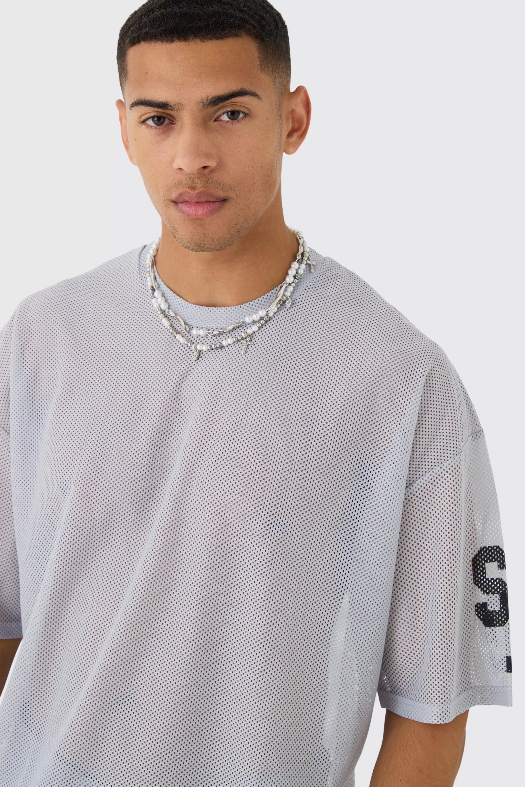 boohooMAN Oversized San Diego Graphic Mesh Half Sleeve T-shirt | UK dusty blue Best