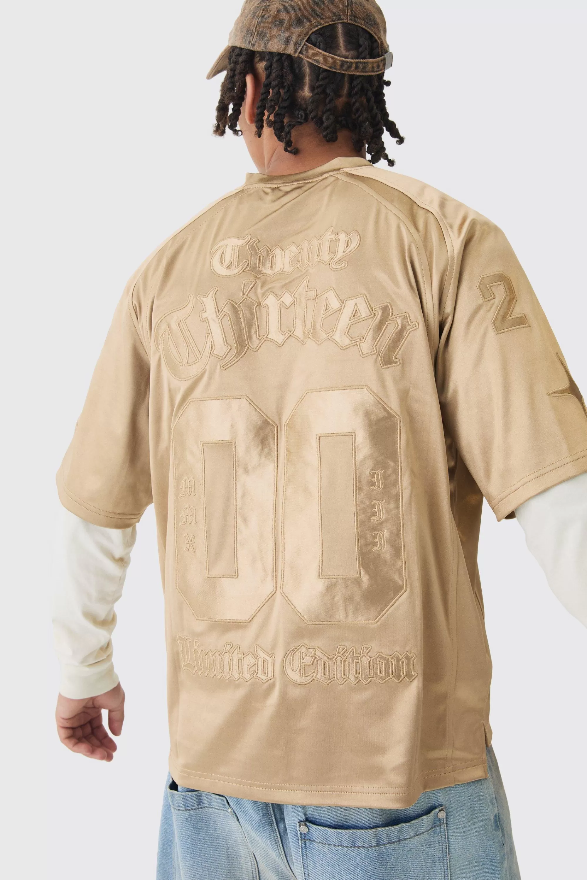 boohooMAN Oversized Satin Applique Varsity Top | UK taupe Cheap