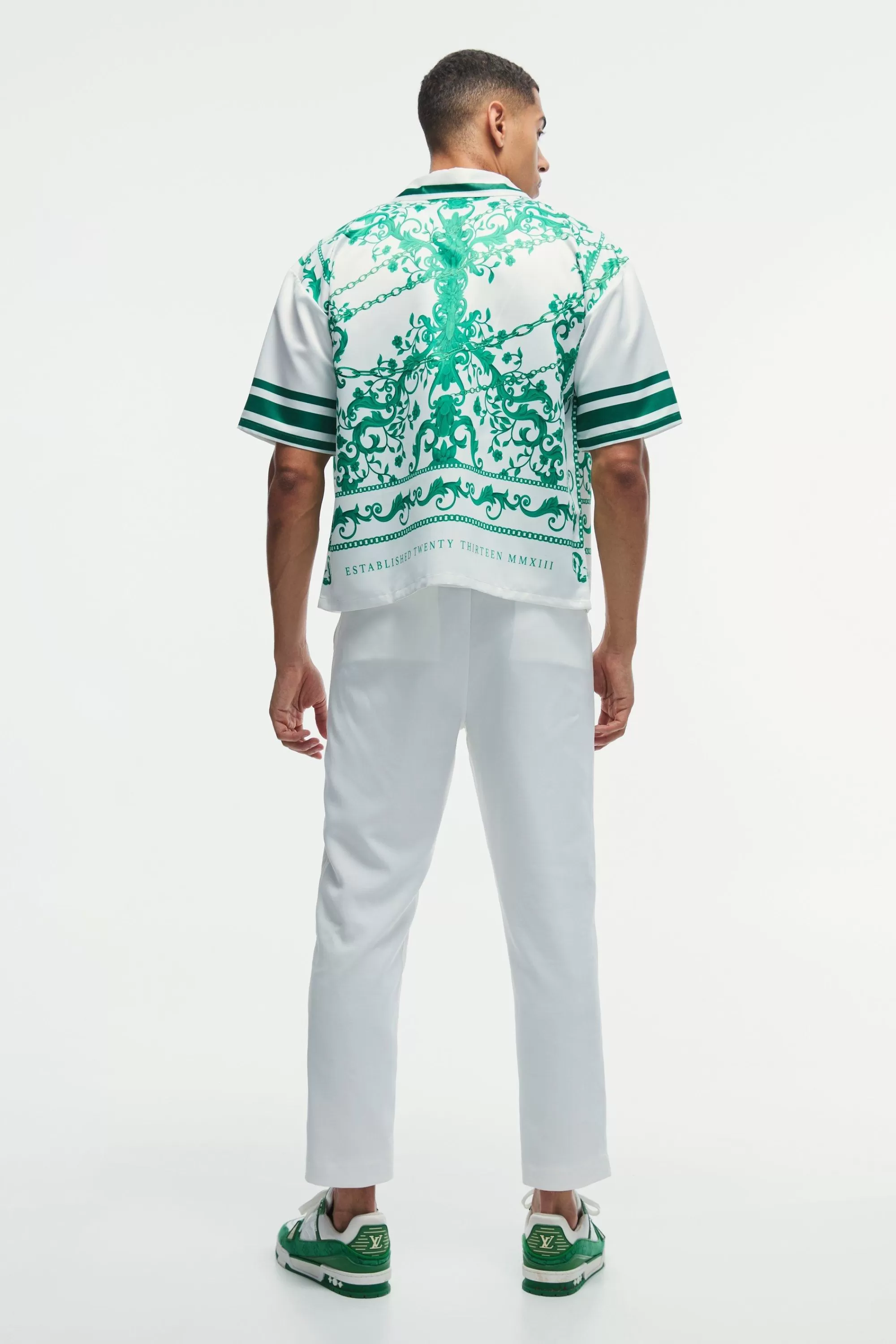 boohooMAN Oversized Satin Border Print Boxy Shirt | UK white New