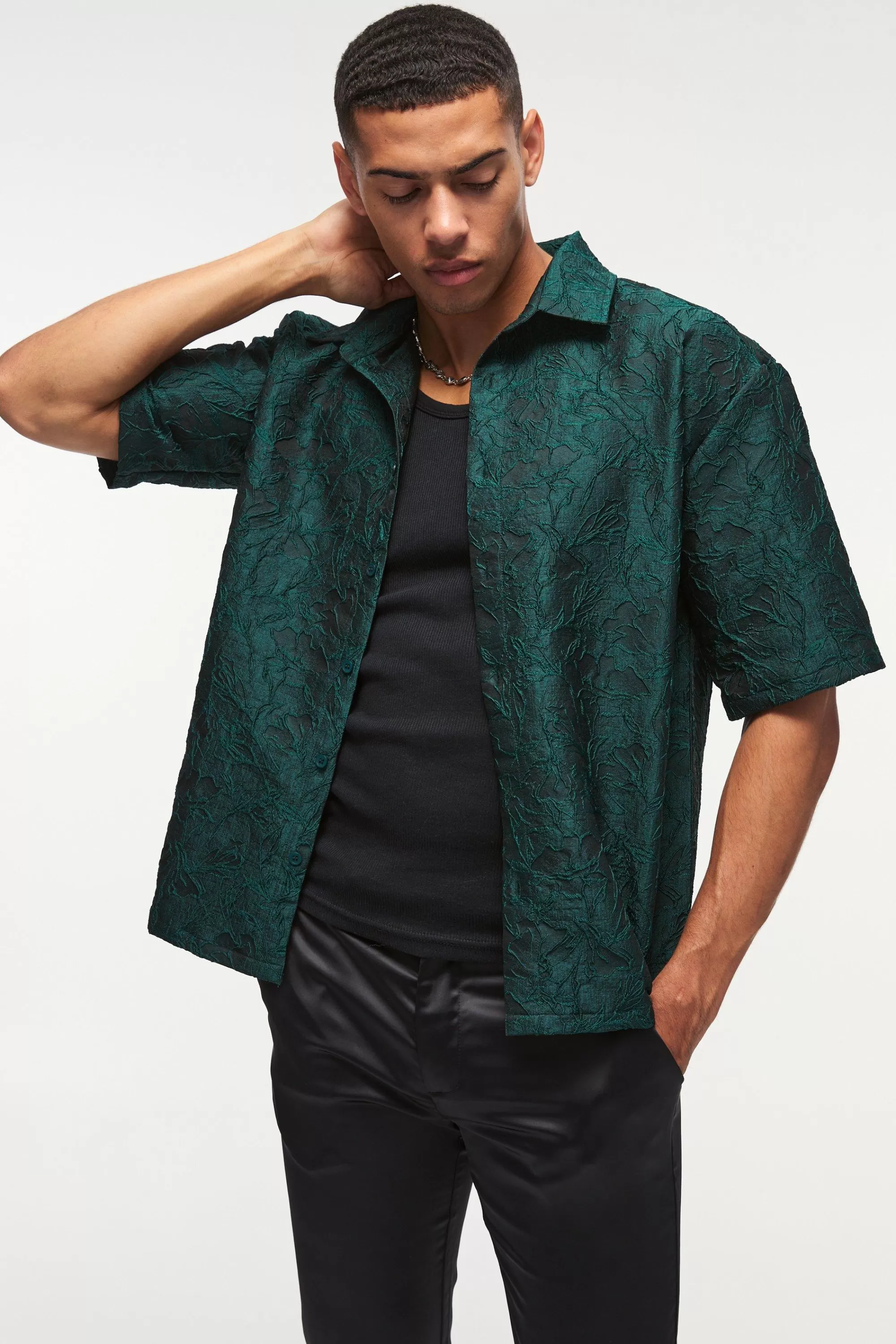 boohooMAN Oversized Short Sleeve Floral Jacquard Shirt | UK green Discount