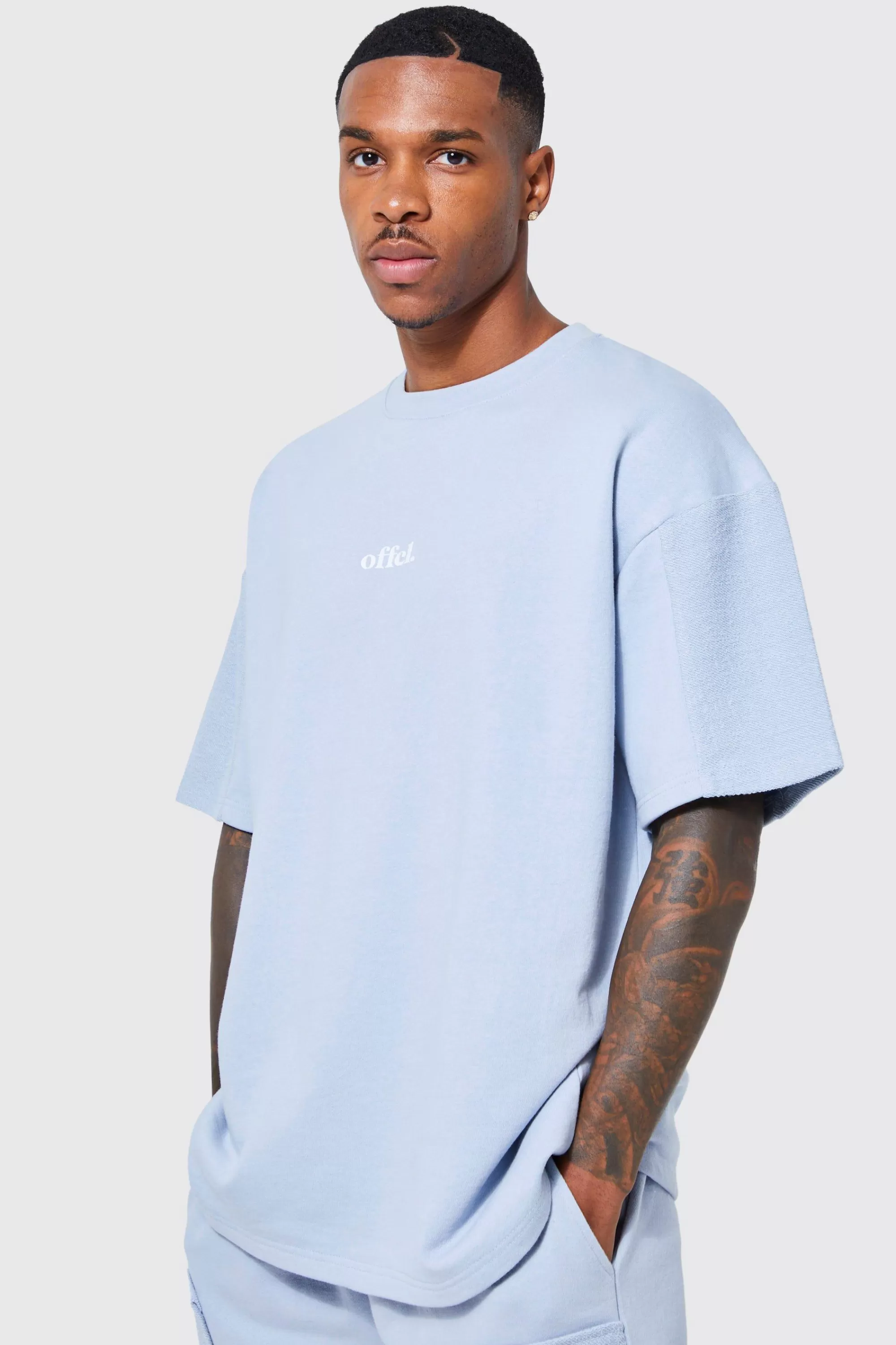 boohooMAN Oversized Silicone Print Panelled T-shirt | UK blue Hot