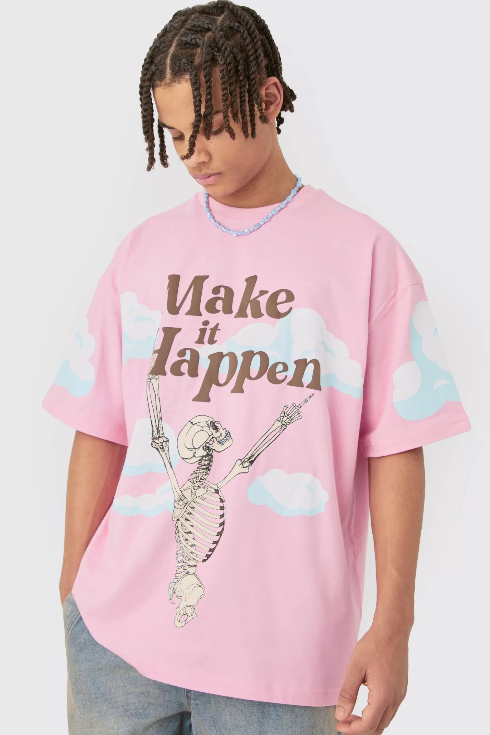 boohooMAN Oversized Skeleton Make It Happen Graphic T-shirt | UK pink Shop