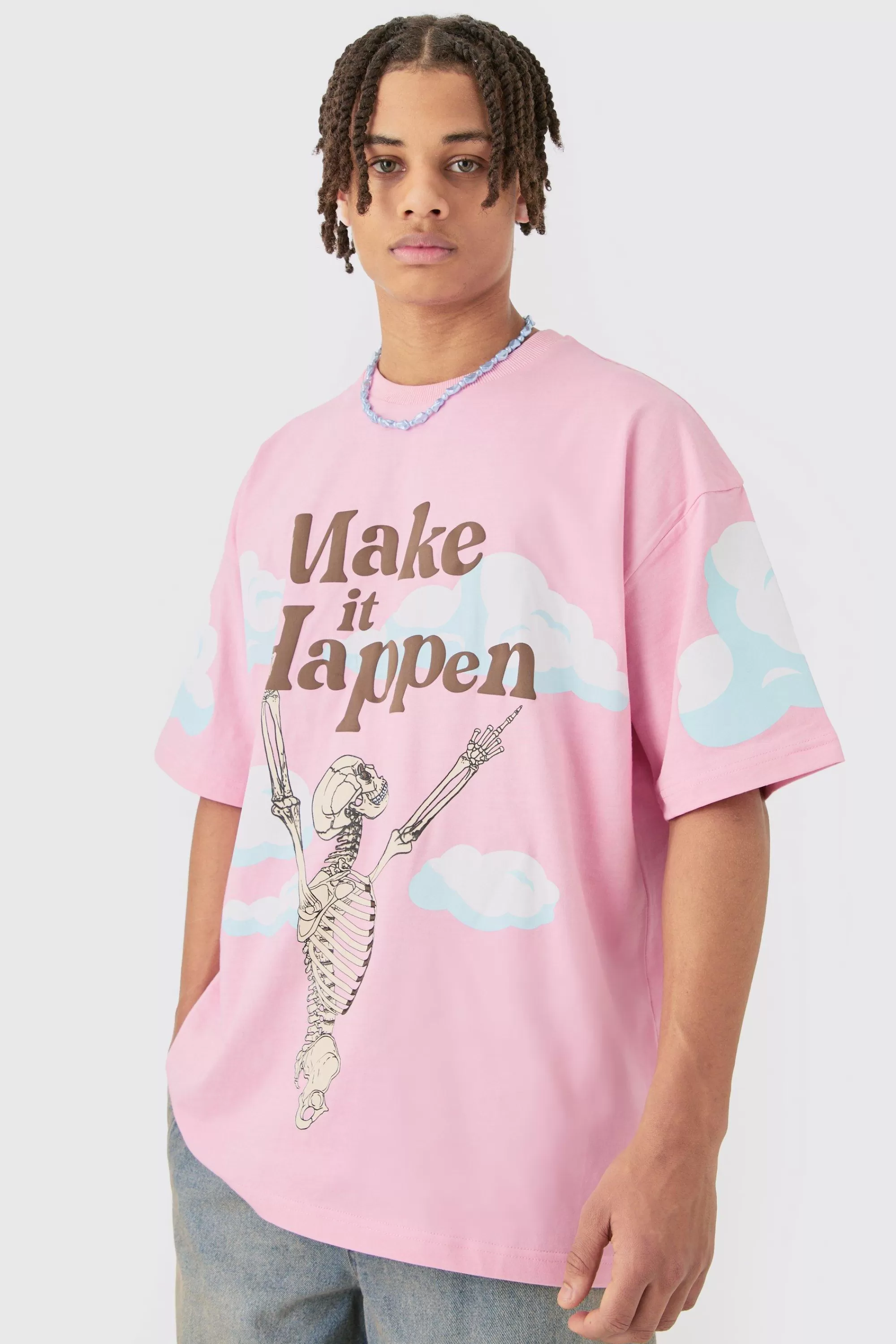 boohooMAN Oversized Skeleton Make It Happen Graphic T-shirt | UK pink Shop
