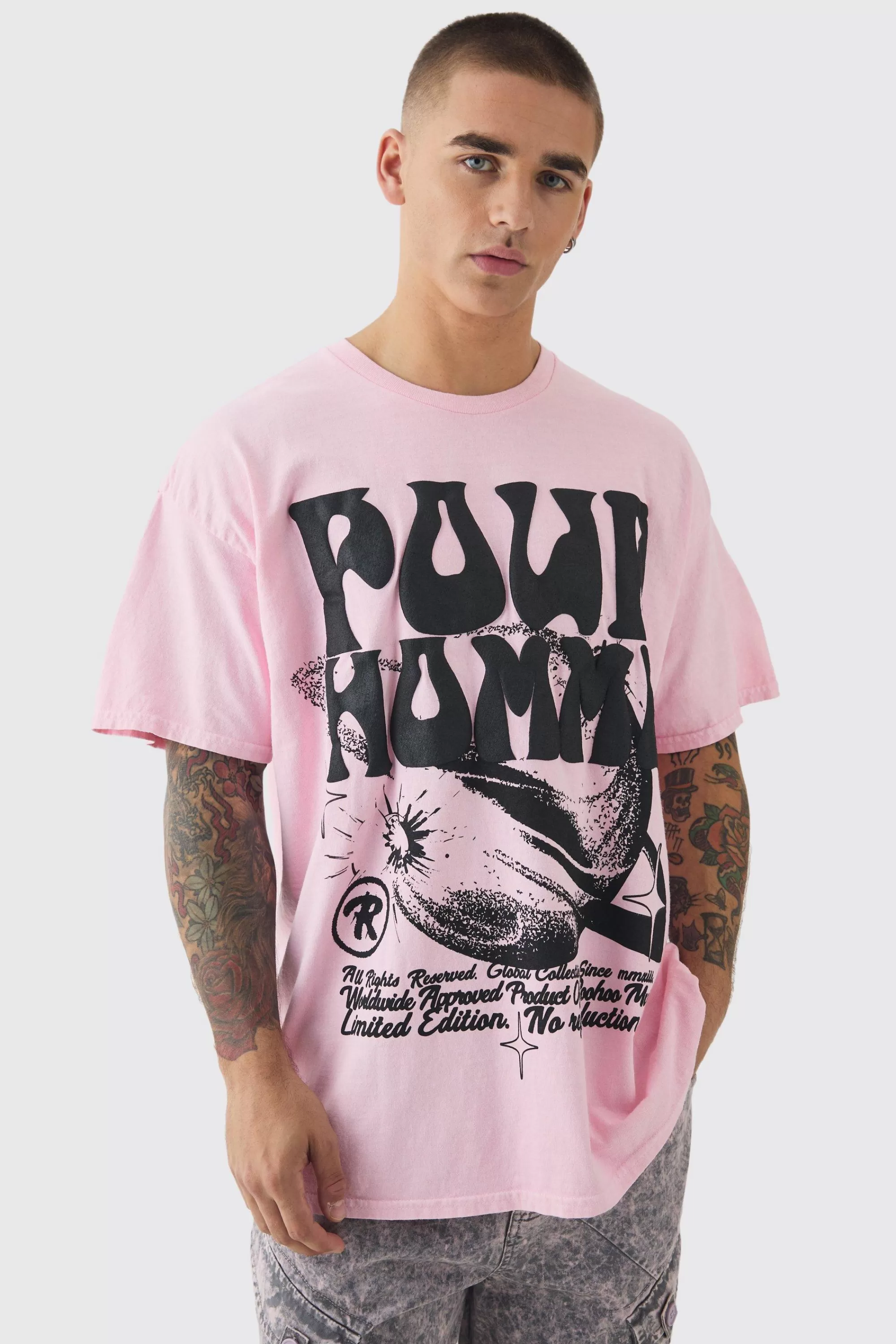 boohooMAN Oversized Space Puff Print Wash T-shirt | UK pink Shop