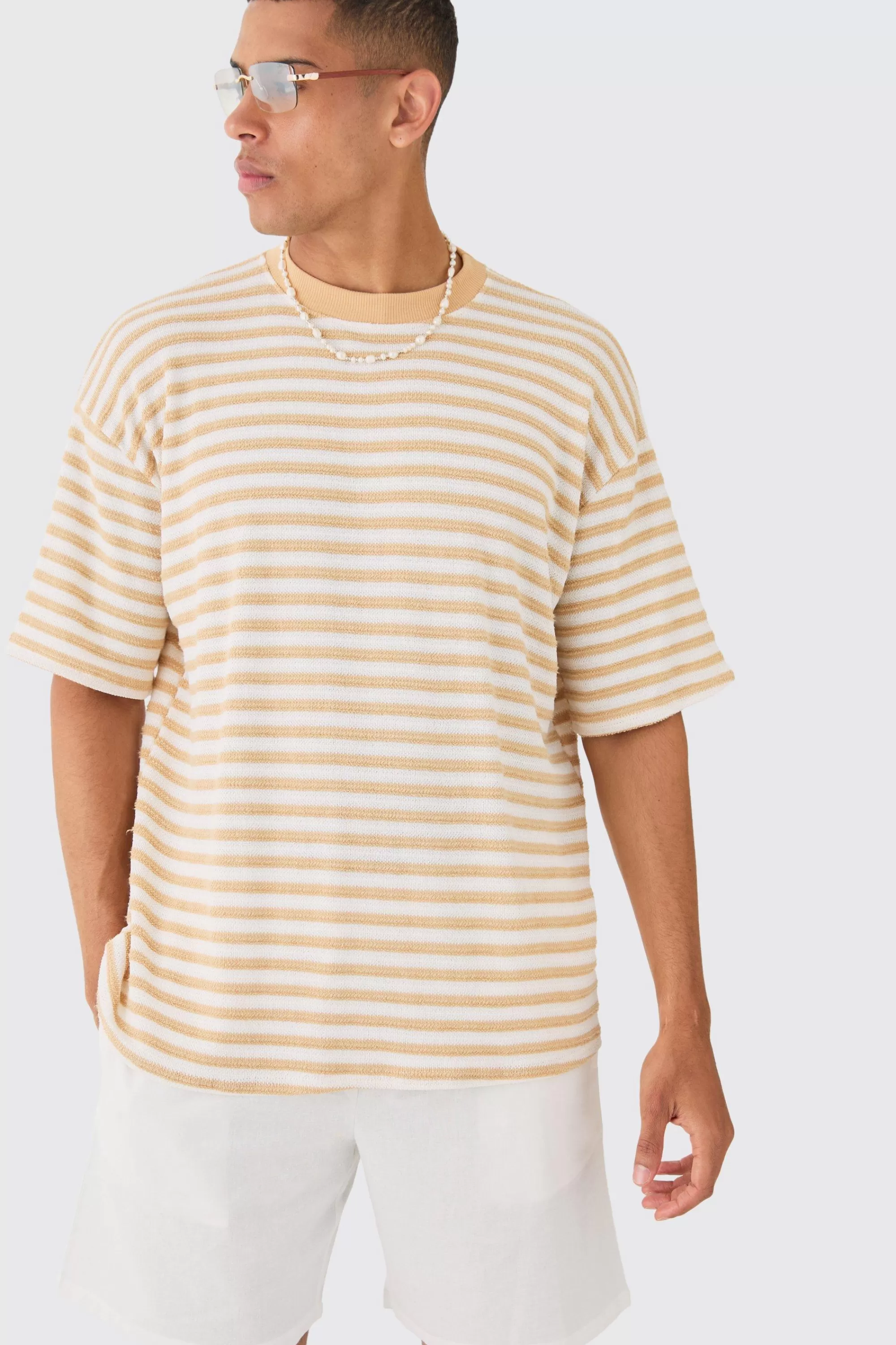 boohooMAN Oversized Textured Stripe T-shirt | UK camel New