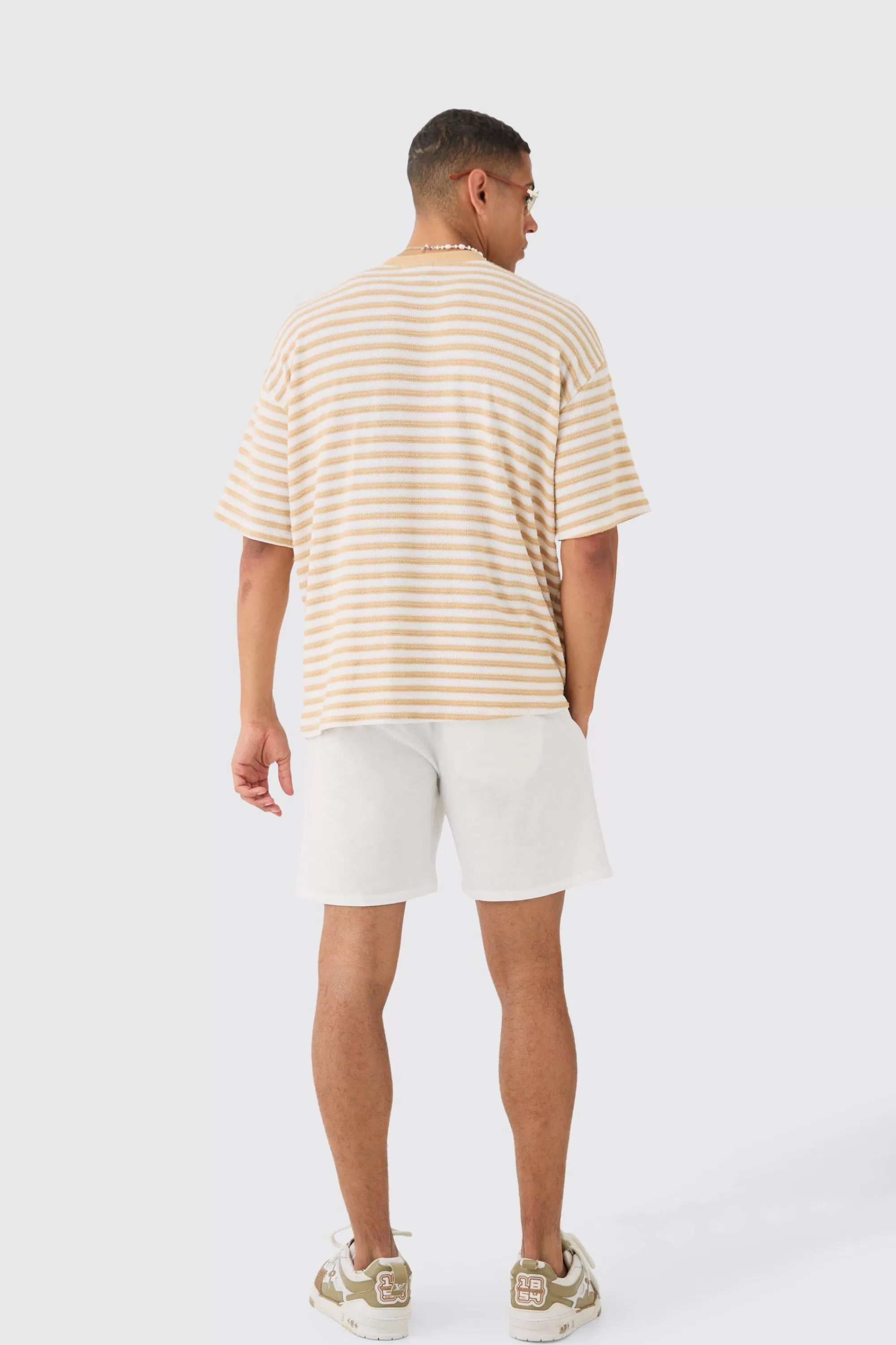 boohooMAN Oversized Textured Stripe T-shirt | UK camel New