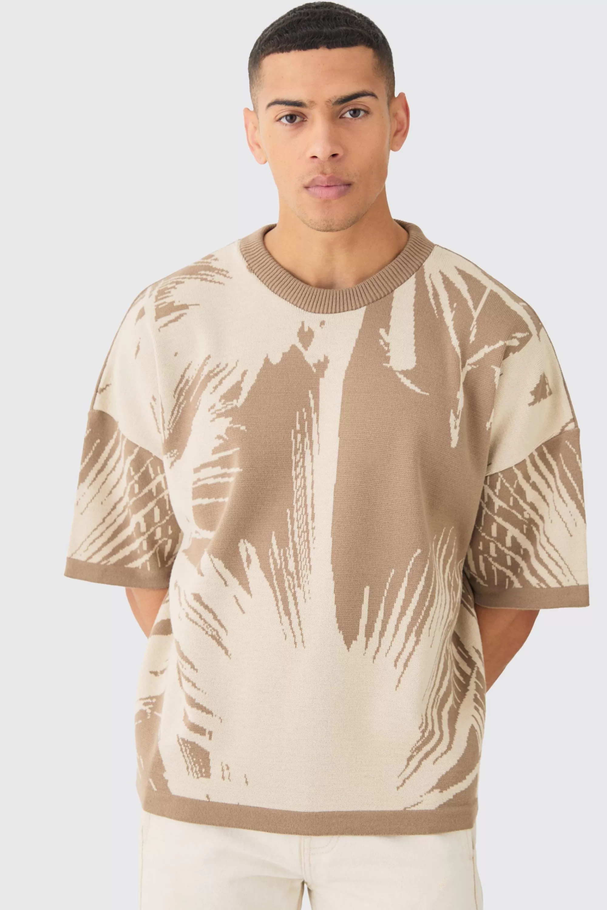 boohooMAN Oversized Tonal Abstract Drawing Knitted T-shirt | UK taupe Shop