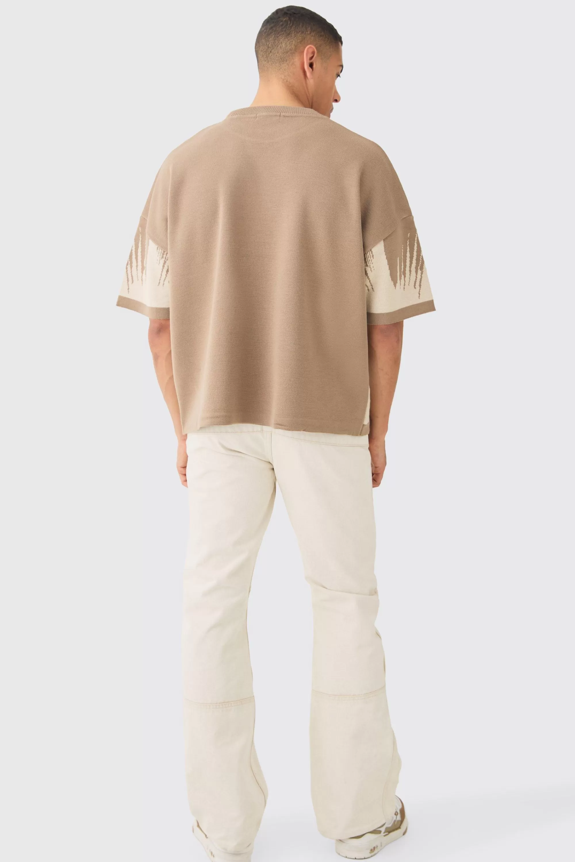 boohooMAN Oversized Tonal Abstract Drawing Knitted T-shirt | UK taupe Shop