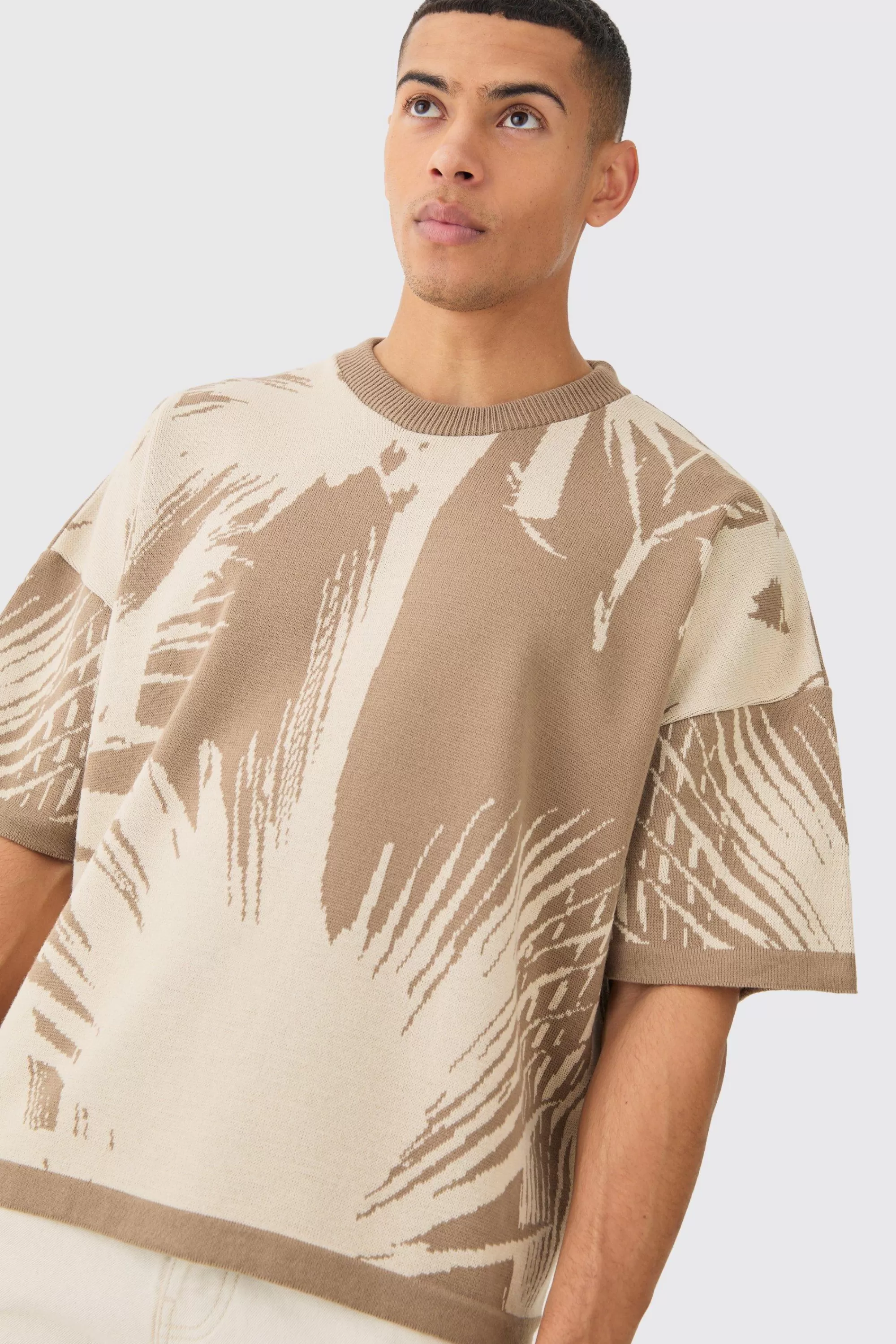 boohooMAN Oversized Tonal Abstract Drawing Knitted T-shirt | UK taupe Shop