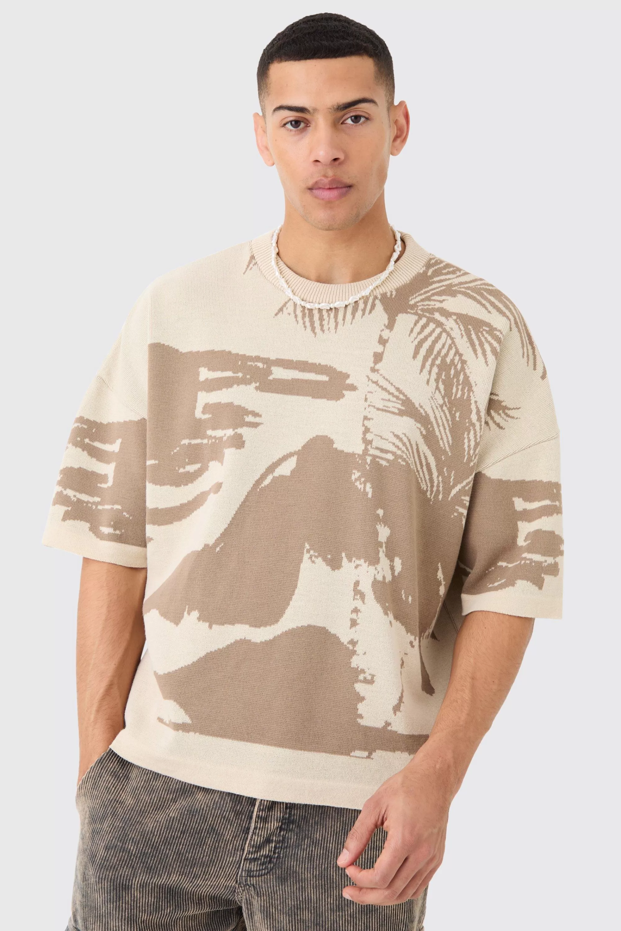 boohooMAN Oversized Tonal Scenic Drawing Knitted T-shirt | UK stone Outlet