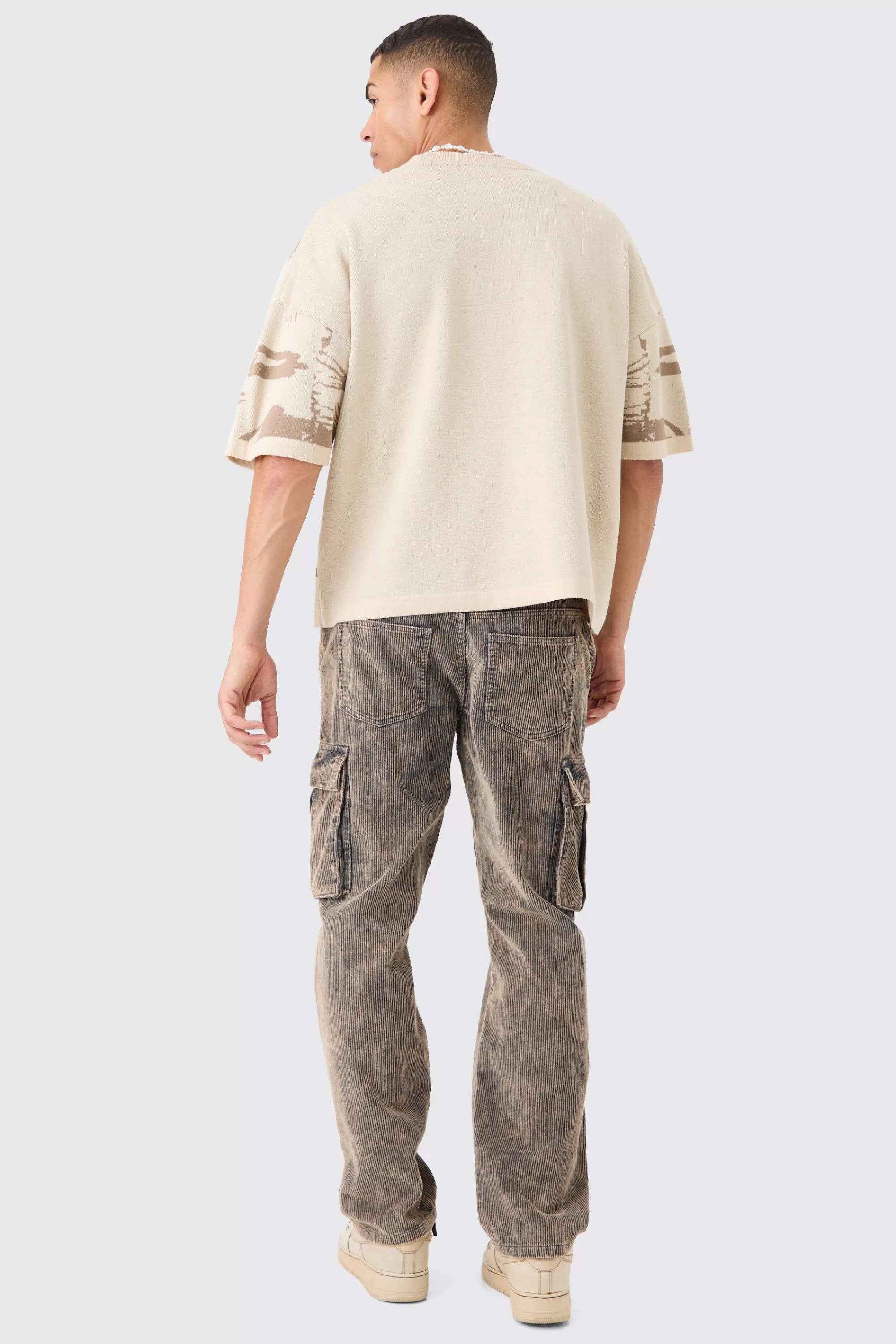 boohooMAN Oversized Tonal Scenic Drawing Knitted T-shirt | UK stone Outlet