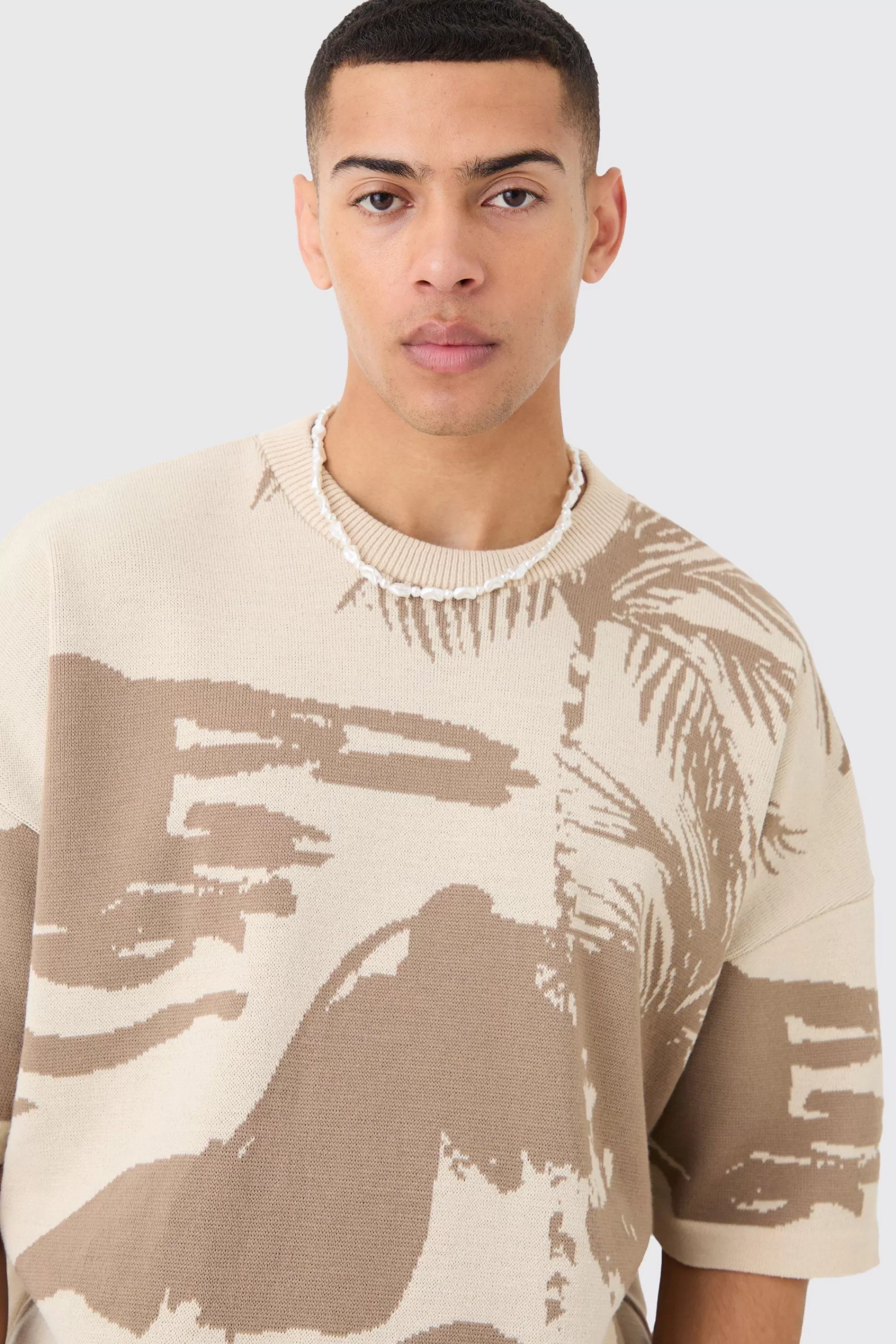 boohooMAN Oversized Tonal Scenic Drawing Knitted T-shirt | UK stone Outlet