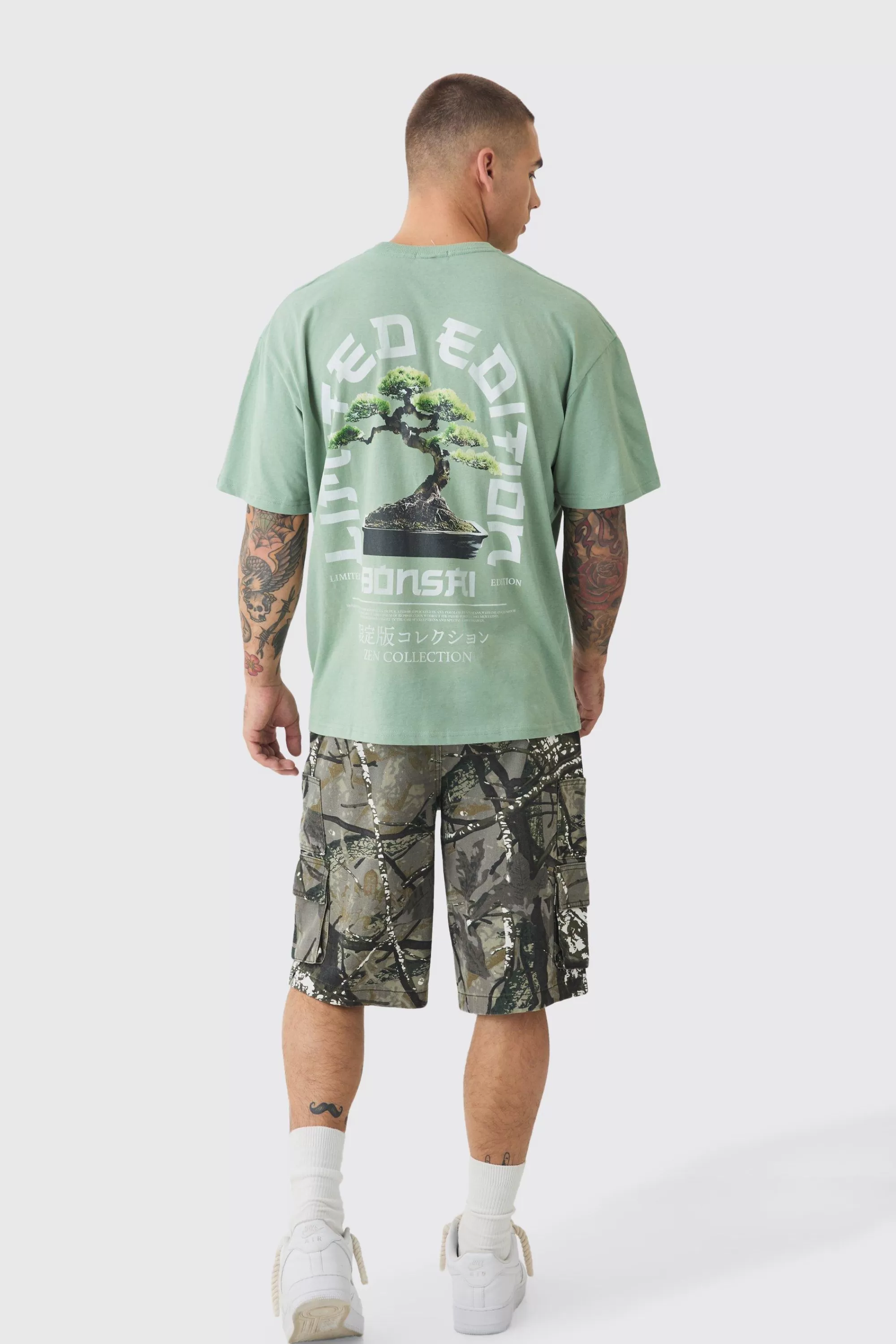 boohooMAN Oversized Tree Print Washed T-shirt | UK sage Fashion