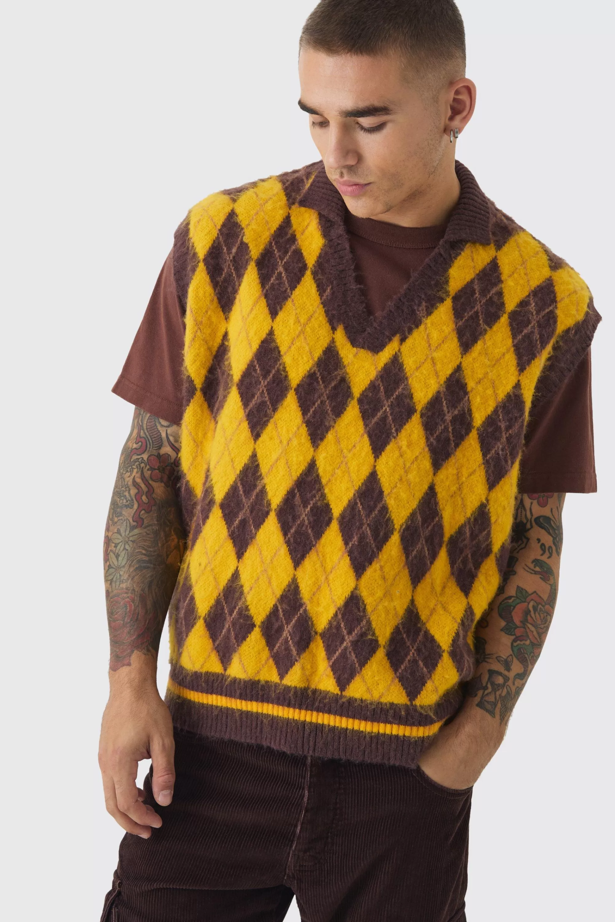 boohooMAN Oversized V Neck Argyle Fluffy Knit Vest | UK chocolate Hot