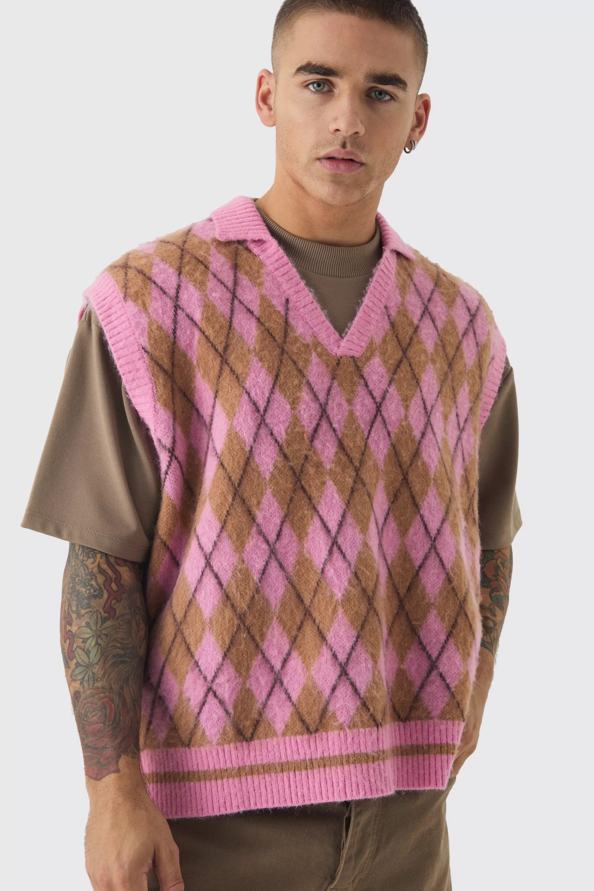 boohooMAN Oversized V Neck Argyle Fluffy Knit Vest | UK light pink Hot