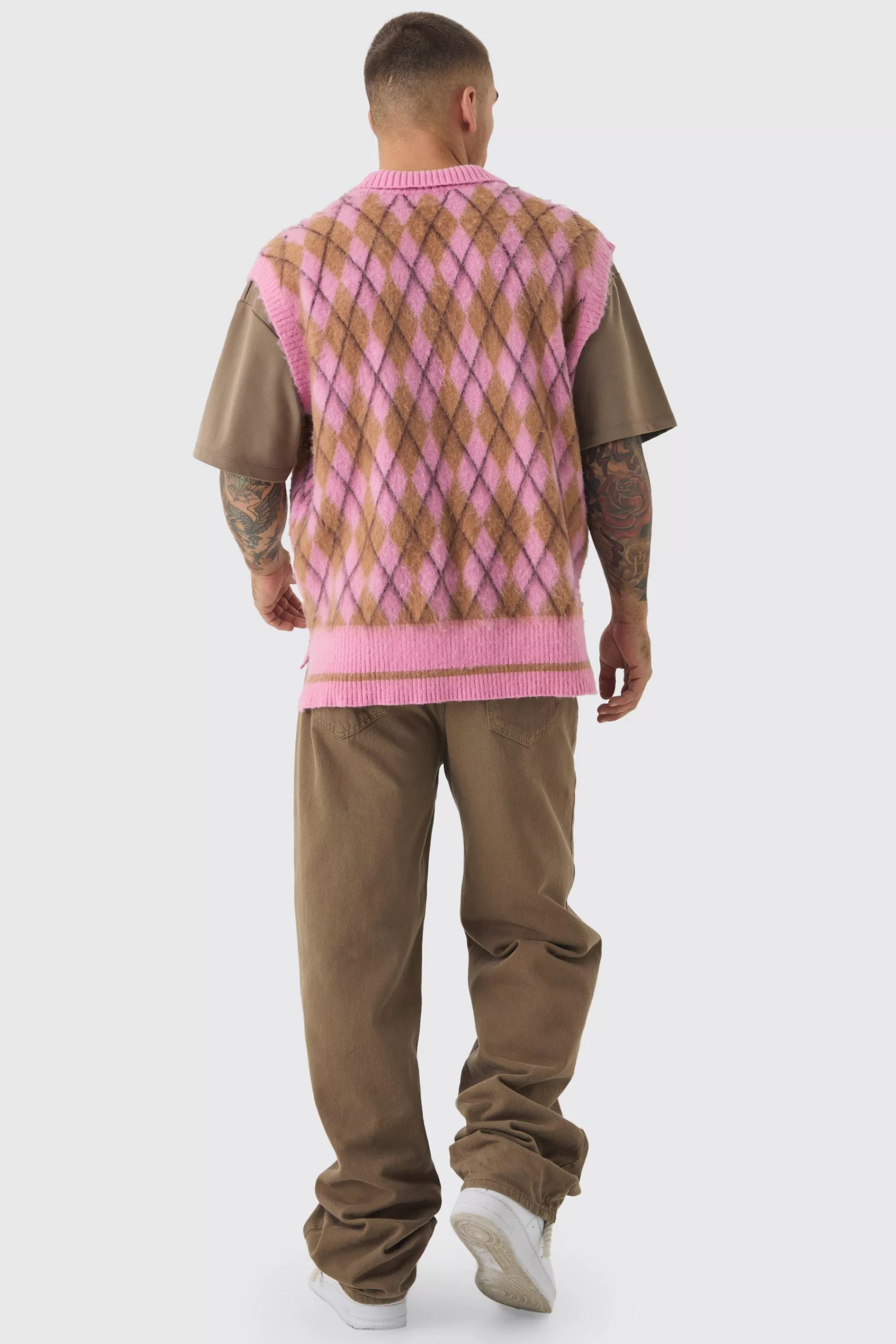 boohooMAN Oversized V Neck Argyle Fluffy Knit Vest | UK light pink Hot