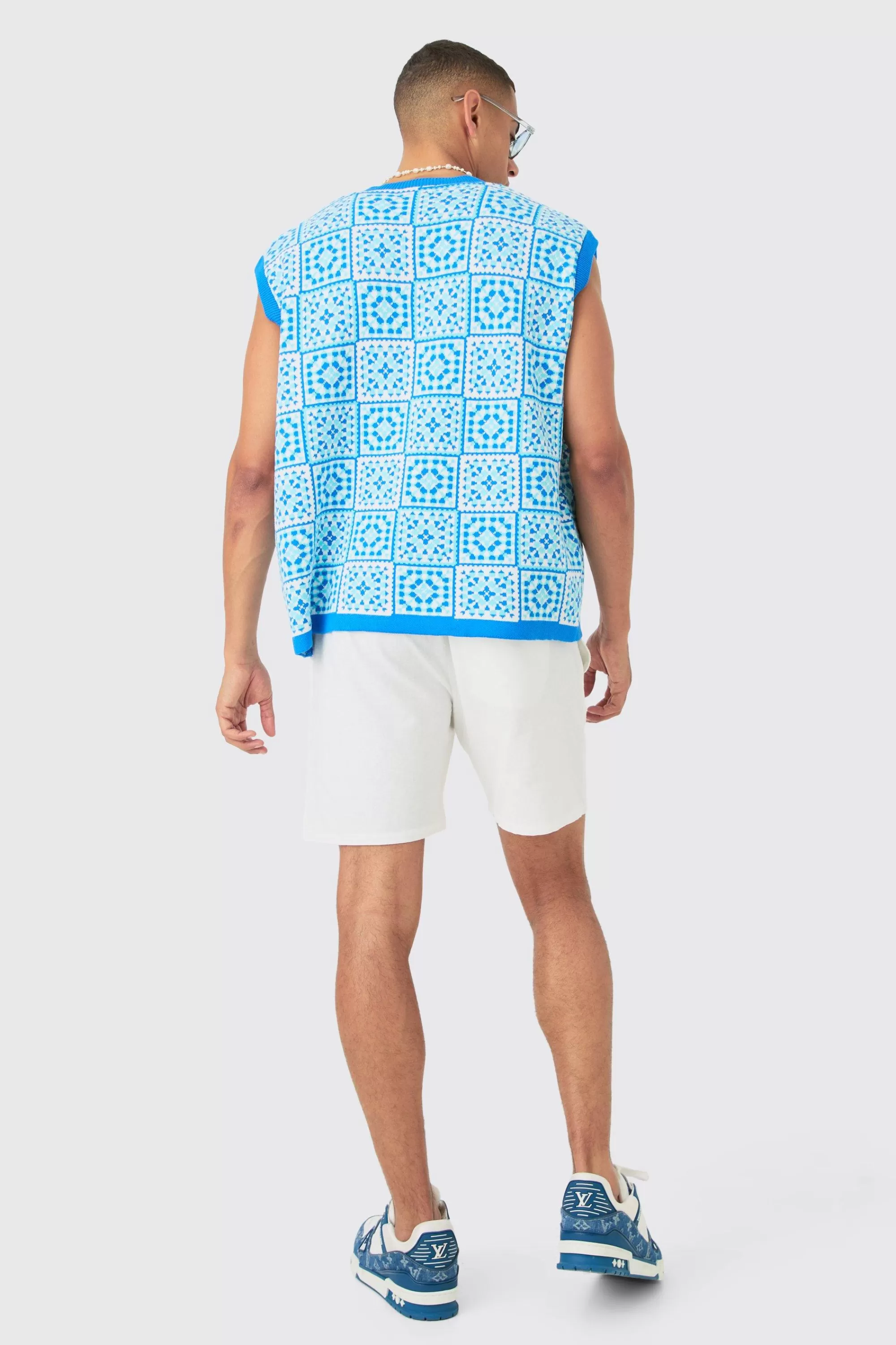 boohooMAN Oversized V Neck Crochet Knitted Tank | UK blue Best