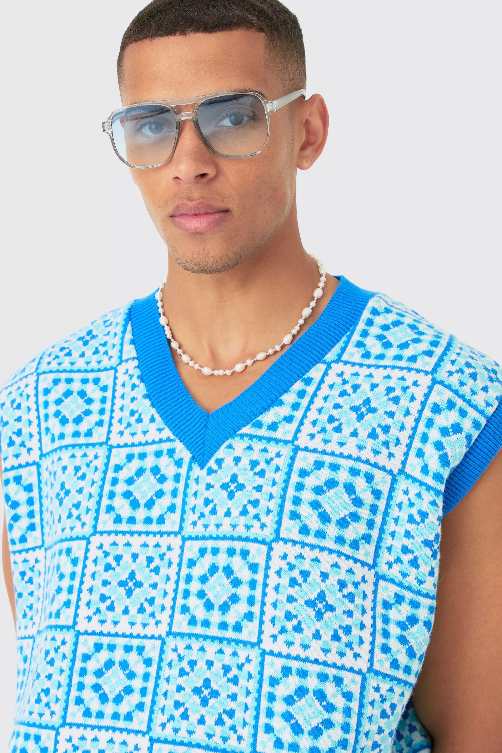 boohooMAN Oversized V Neck Crochet Knitted Tank | UK blue Best