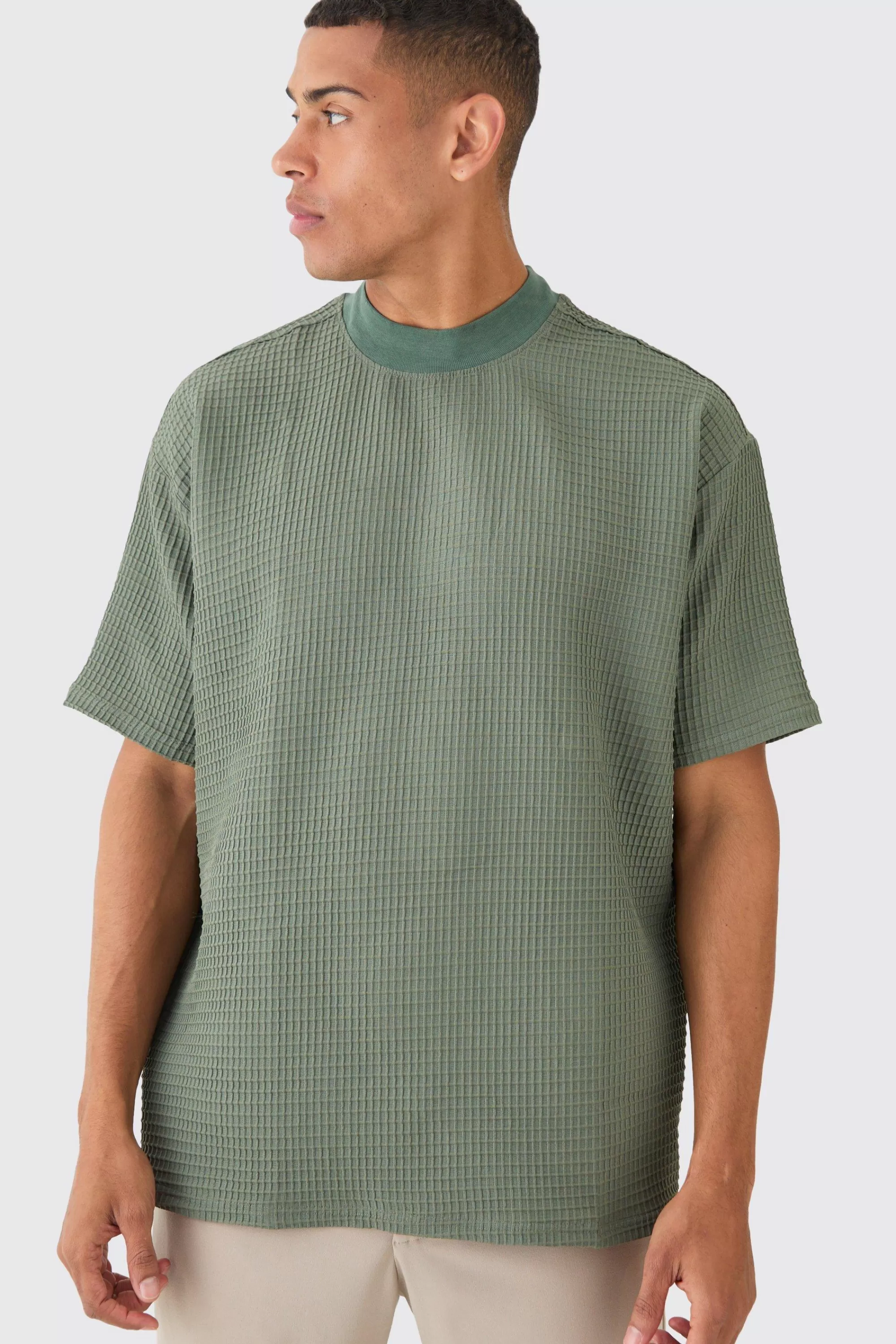 boohooMAN Oversized Waffle Extended Neck T-shirt | UK olive Best