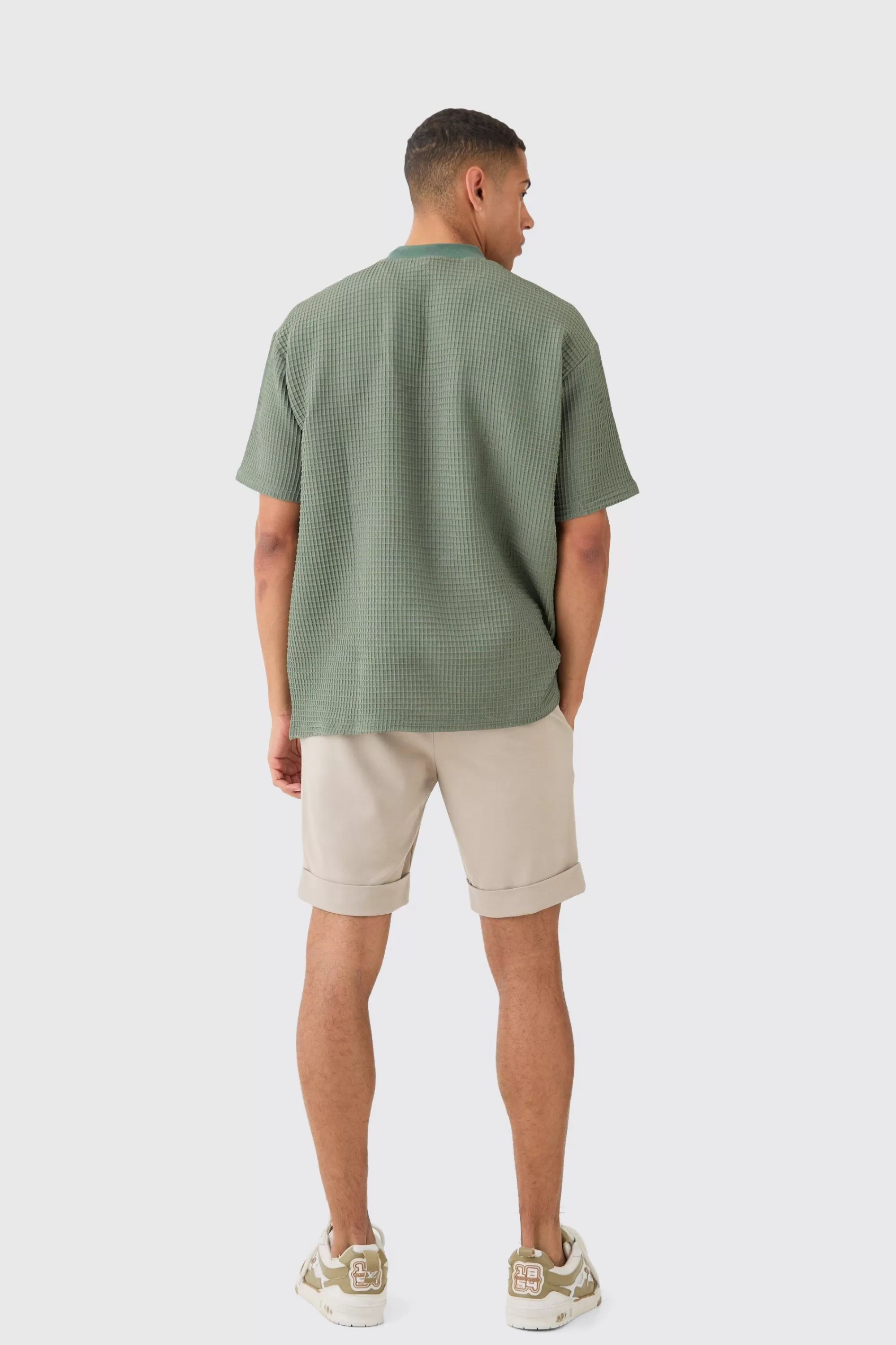 boohooMAN Oversized Waffle Extended Neck T-shirt | UK olive Best